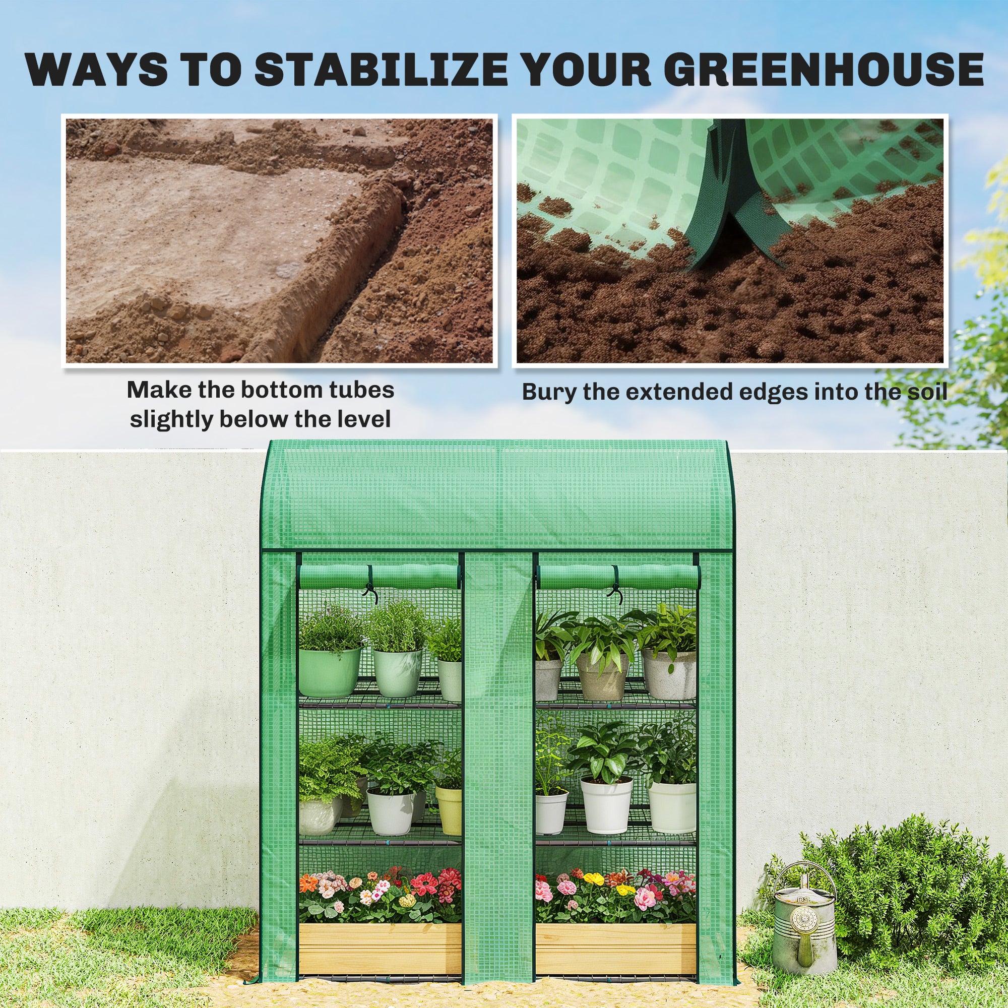3 Tier Mini Greenhouse, Small Portable Greenhouse with 2 Roll-up Doors, 56.3" x 18.1" x 65", Green - Green - Image 7