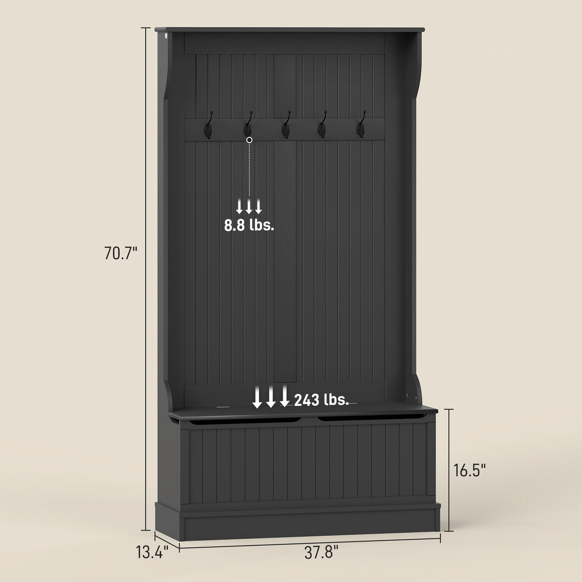 3-In-1 Entryway Bench with Coat Rack, Hall Tree with Bench and Shoe Storage, 5 Hooks for Hallway Black