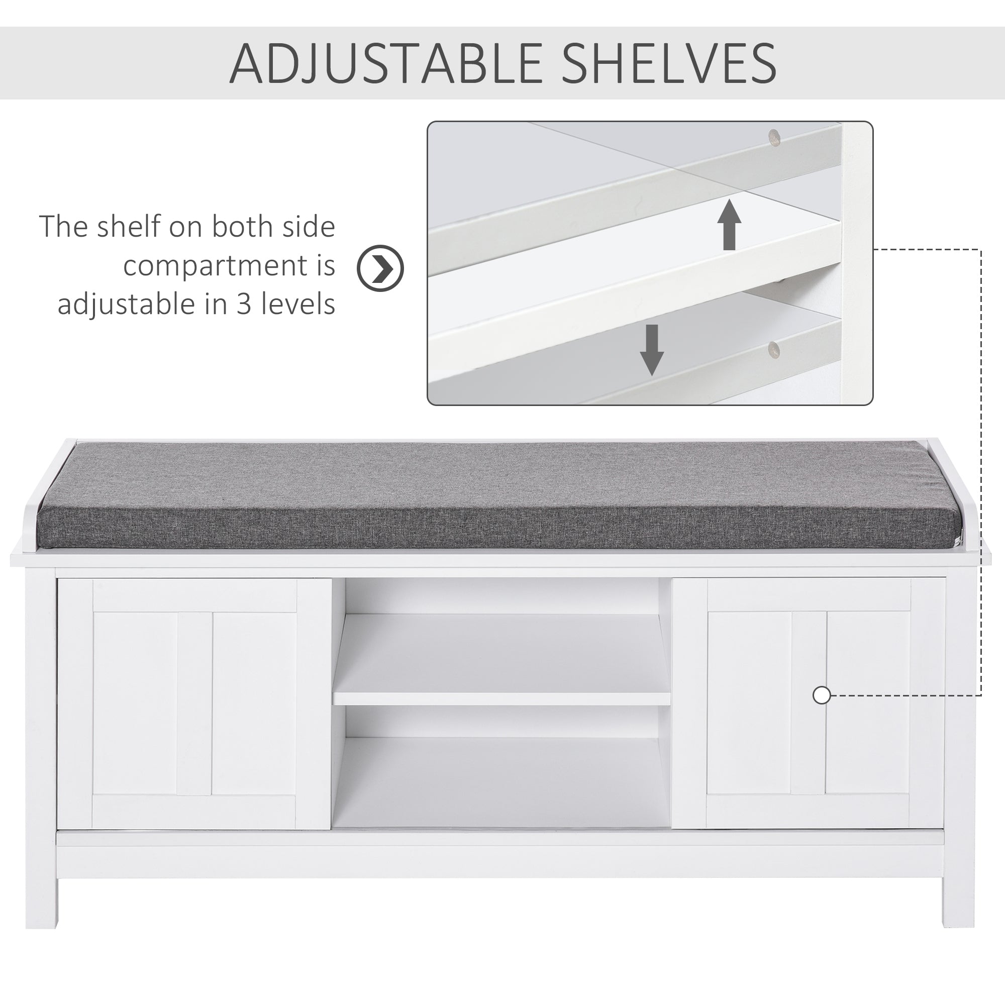 Entryway Shoe Bench Storage Ottoman with Sliding Doors, Adjustable Shelving, 6 Compartments, and Padded Seat, Holds 10 Pairs, White