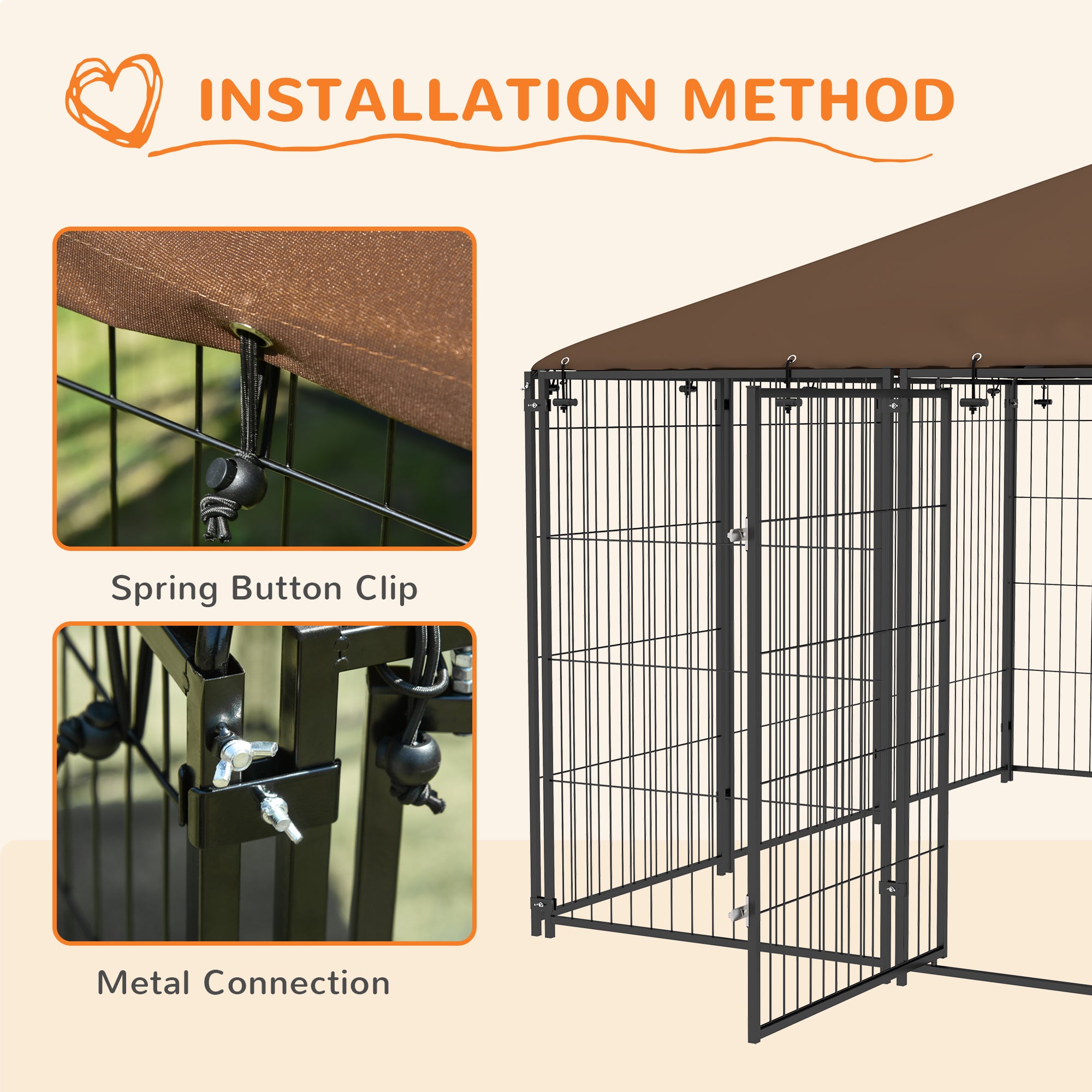6.9' x 6.9' x 5' Outdoor Dog Kennel with Canopy Garden Playpen Fence Crate Enclosure Cage Rotating Bowl, Coffee - Coffee - Image 7