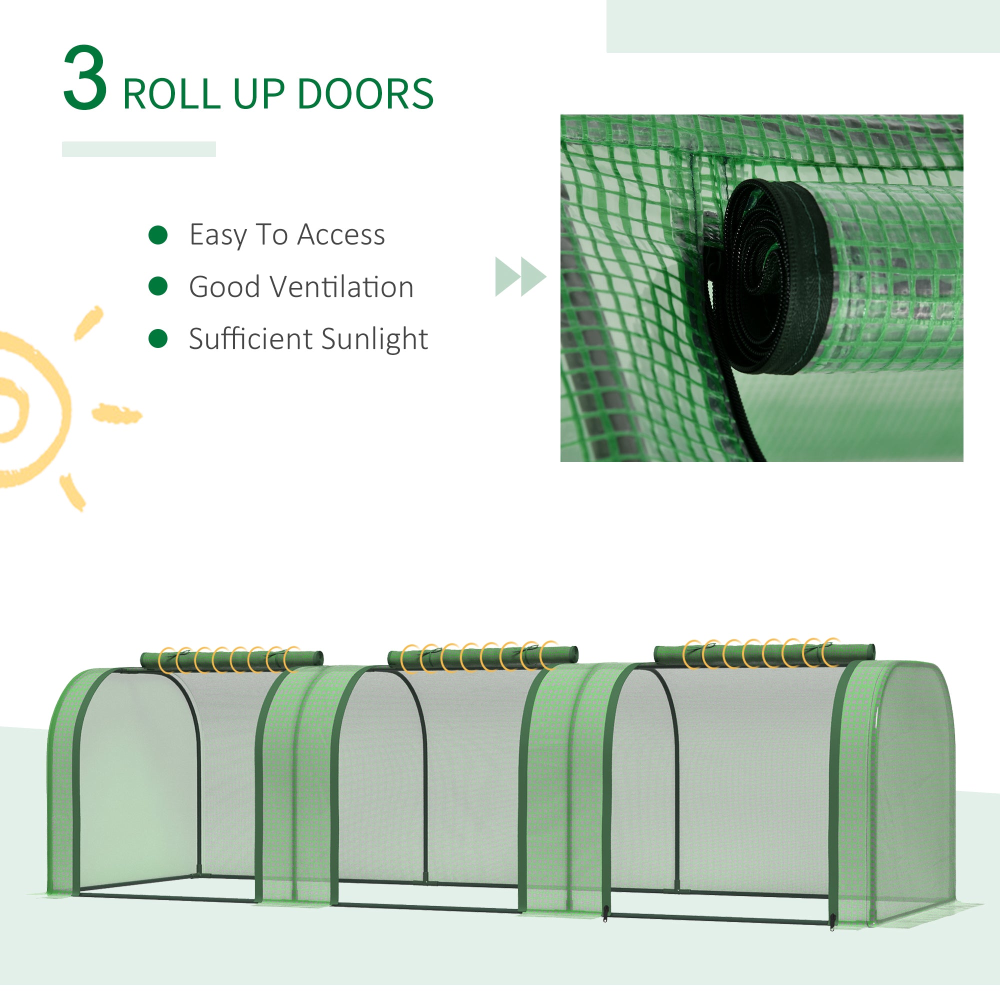 9.7' L x 3' W x 2.5' H Portable Tunneled Greenhouse with 3 Zippered Doors, Water/UV Fighting PE Cover - Green - Image 8