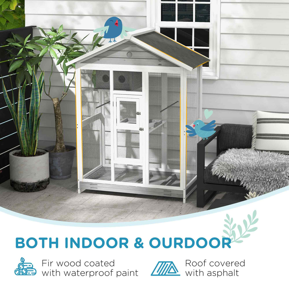64.5" Wooden Bird Cage Aviary, Flight Cage with 4 Perches, Nest and Slide-Out Tray for Indoor/Outdoor, Gray - Gray - Image 7