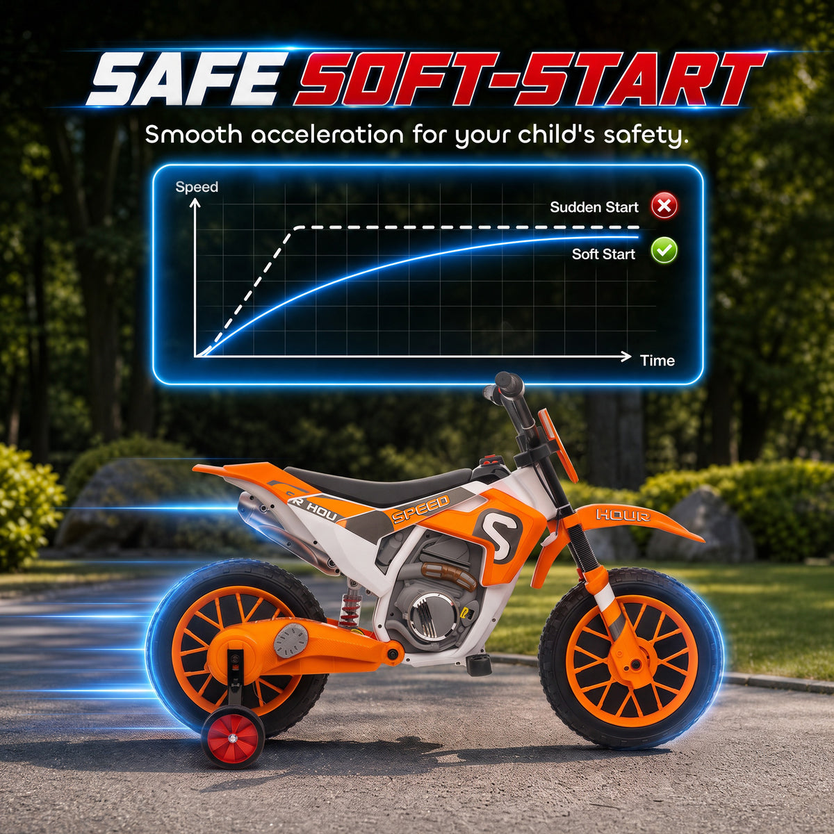 12V Kids Motorcycle with Dual Motors, Training Wheels, Rear Suspension, Soft Start, Max Speed 5 MPH, Ages 3-6, Orange