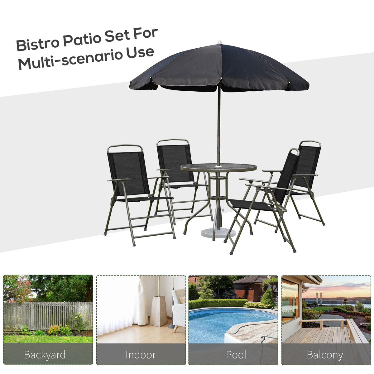 6 Piece Patio Dining Set for 4 with Umbrella, Outdoor Table and Chairs with 4 Folding Dining Chairs & Round Glass Table for Garden, Backyard and Poolside, Black and Coffee