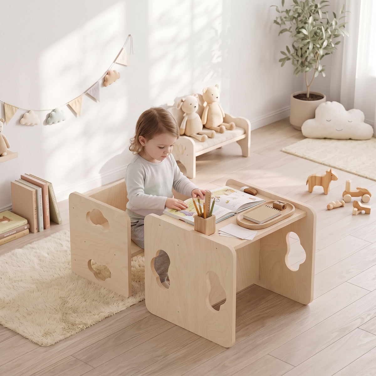 Montessori Kids Table and Chair Set with 3-Level Heights for 18-36 Months Toddlers, Learning, Play and Mealtime, Natural