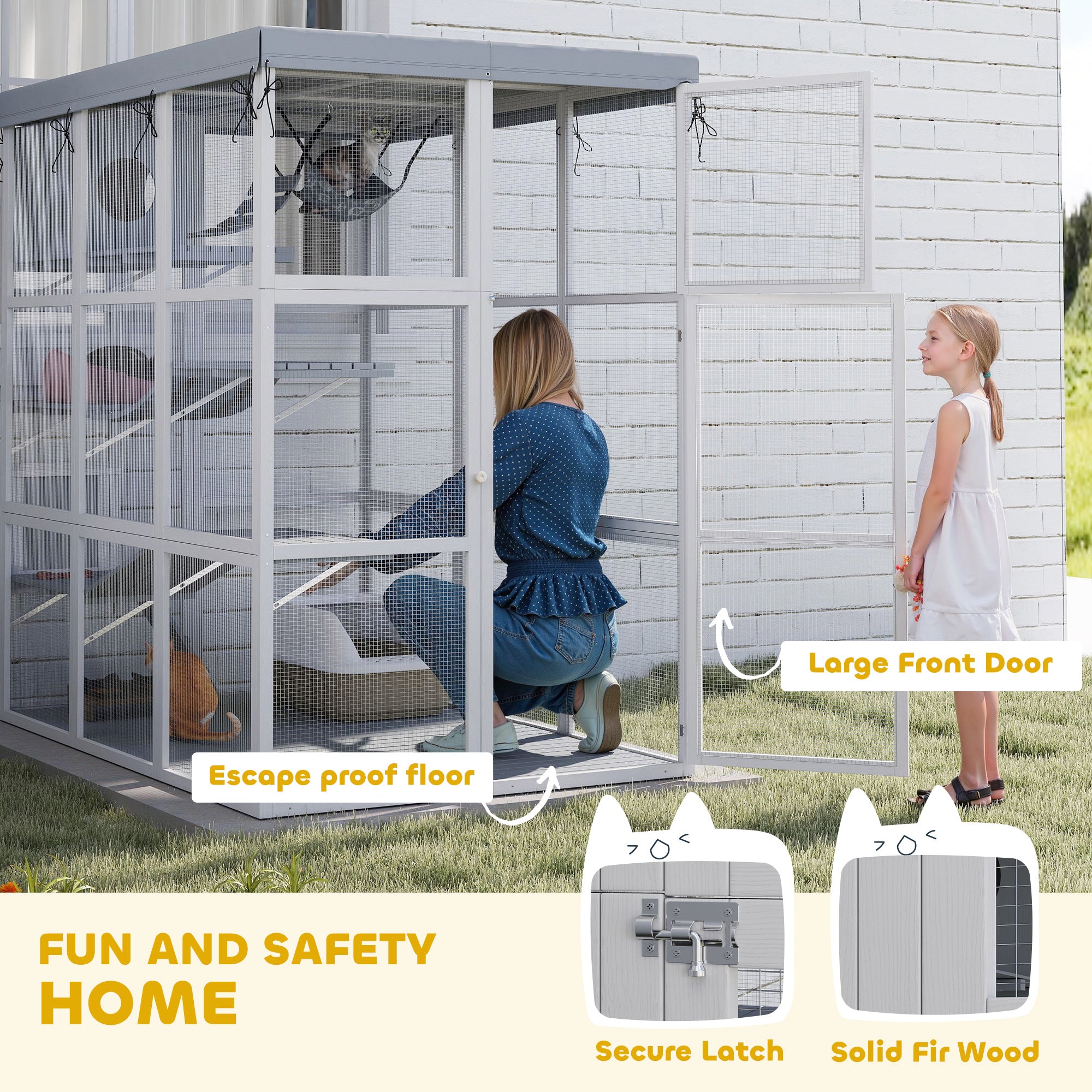 Large Outdoor Catio Cat Enclosure with Hammock, Condo, Jump Platforms, Ladders, Ramps, Tarp, for 2-4 Large Cats, Gray - Gray - Image 7