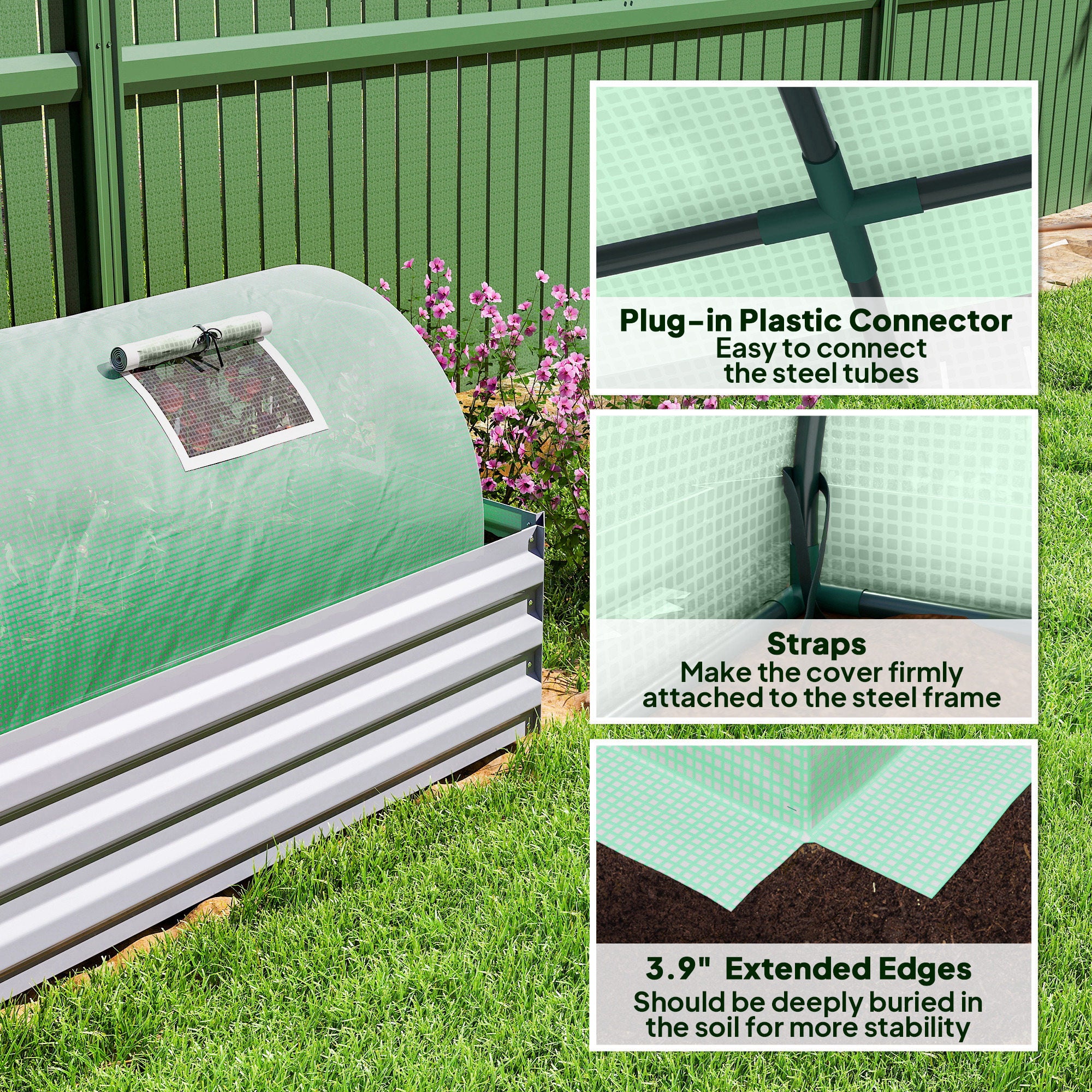 Mini Greenhouse with 5 Mesh Windows, Portable Plant Hot House with PE Cover and Steel Frame, 10' x 3' x 2' , Green - Green - Image 6
