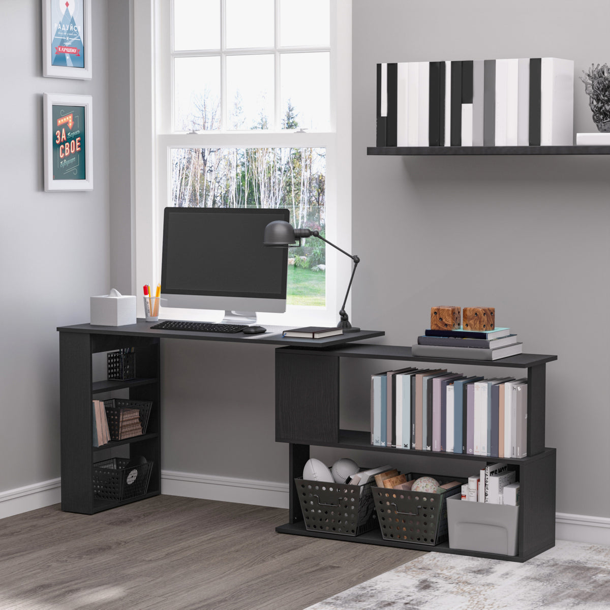 L Shaped Desk, Corner Computer Desk, 360 Degree Rotating Home Office Desk with Storage Shelves, Writing Table Workstation, Black