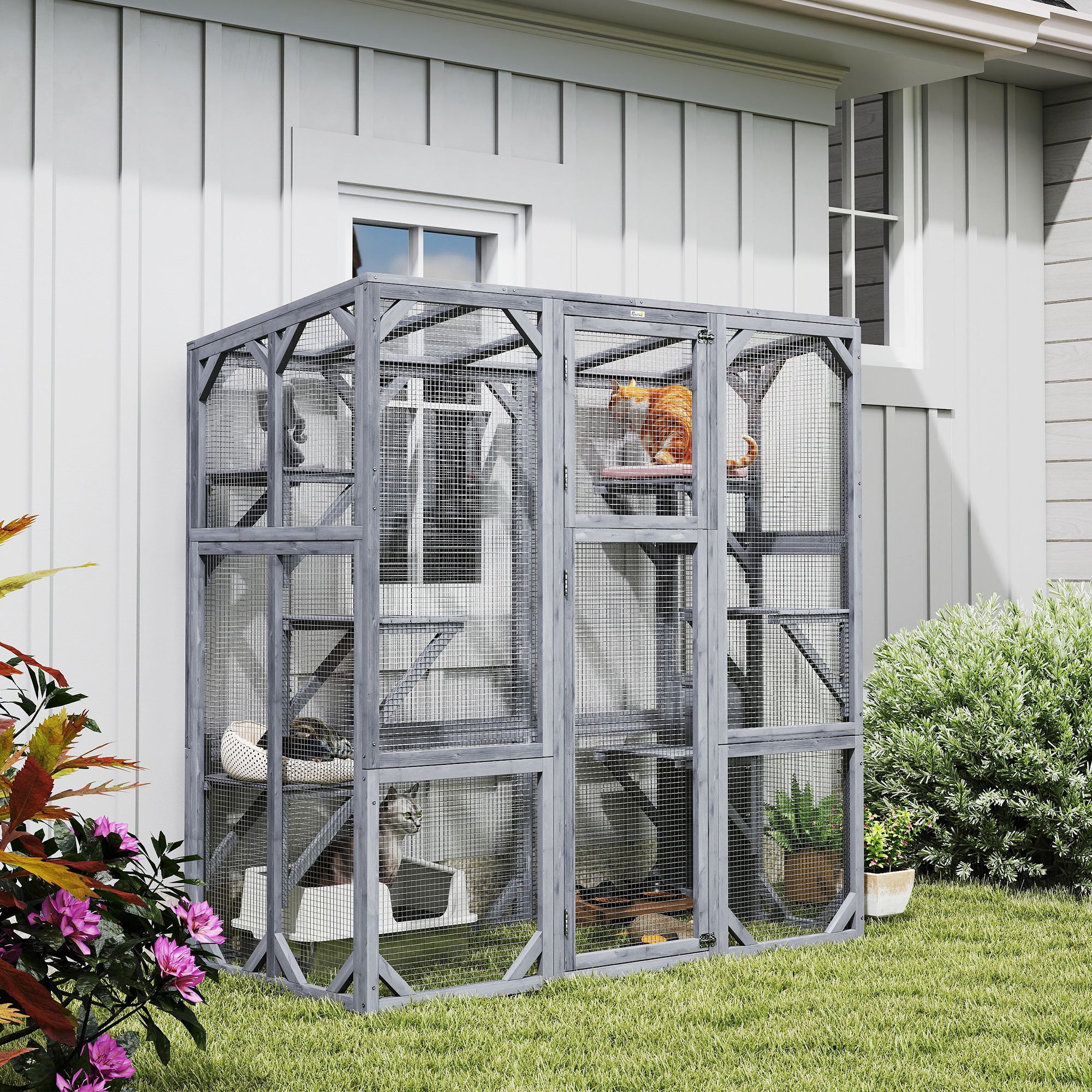 Large Wooden Catio Outdoor with 6 Jumping Platforms, Weatherproof Roof, for 1-3 Cats, 59" x 28" x 60", Gray - Gray - Image 2