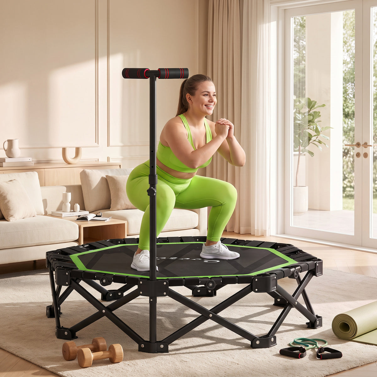 50" Foldable Mini Trampoline for Adults, One-Step Fold & Open, 550LBS Capacity, 3-Level Adjustable Handle, Green