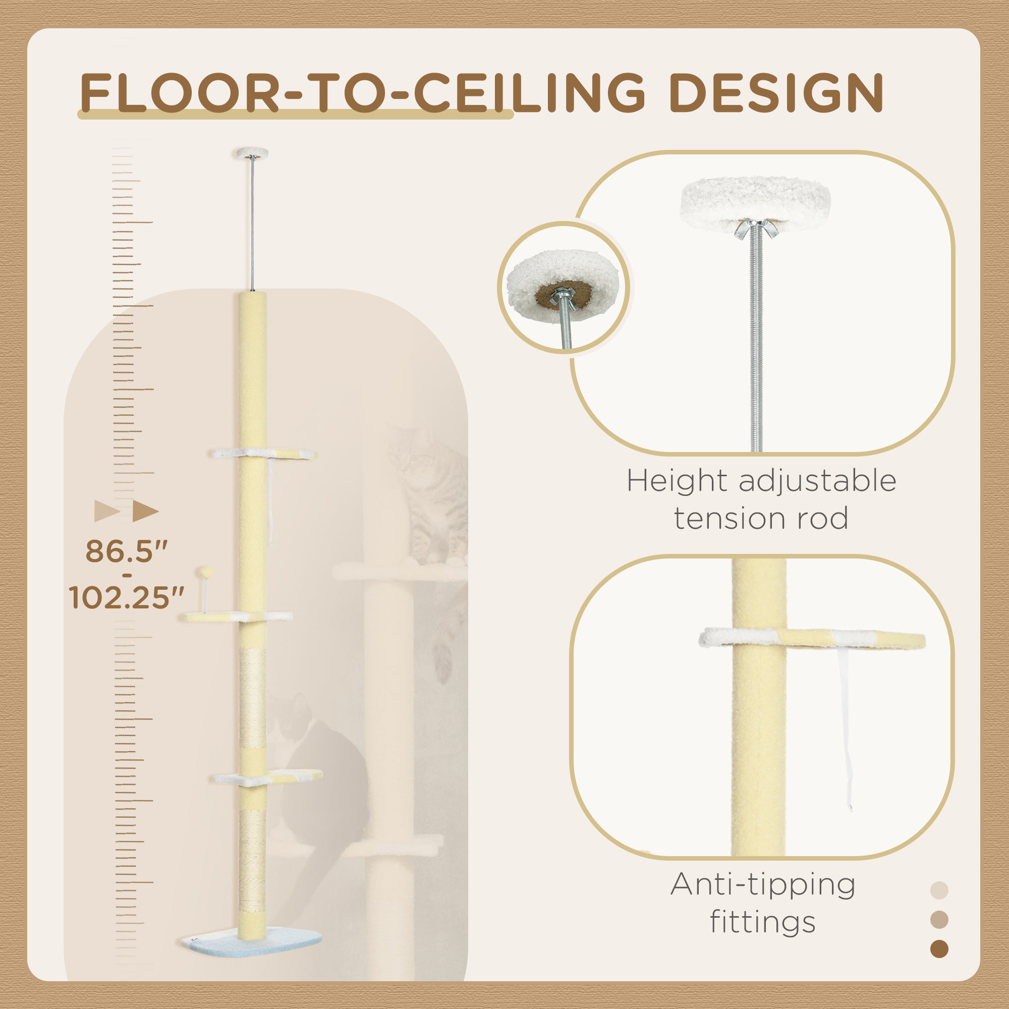 4-Tier Floor to Ceiling Cat Tree Height Adjustable 87 -103 Inch - Yellow - Image 5