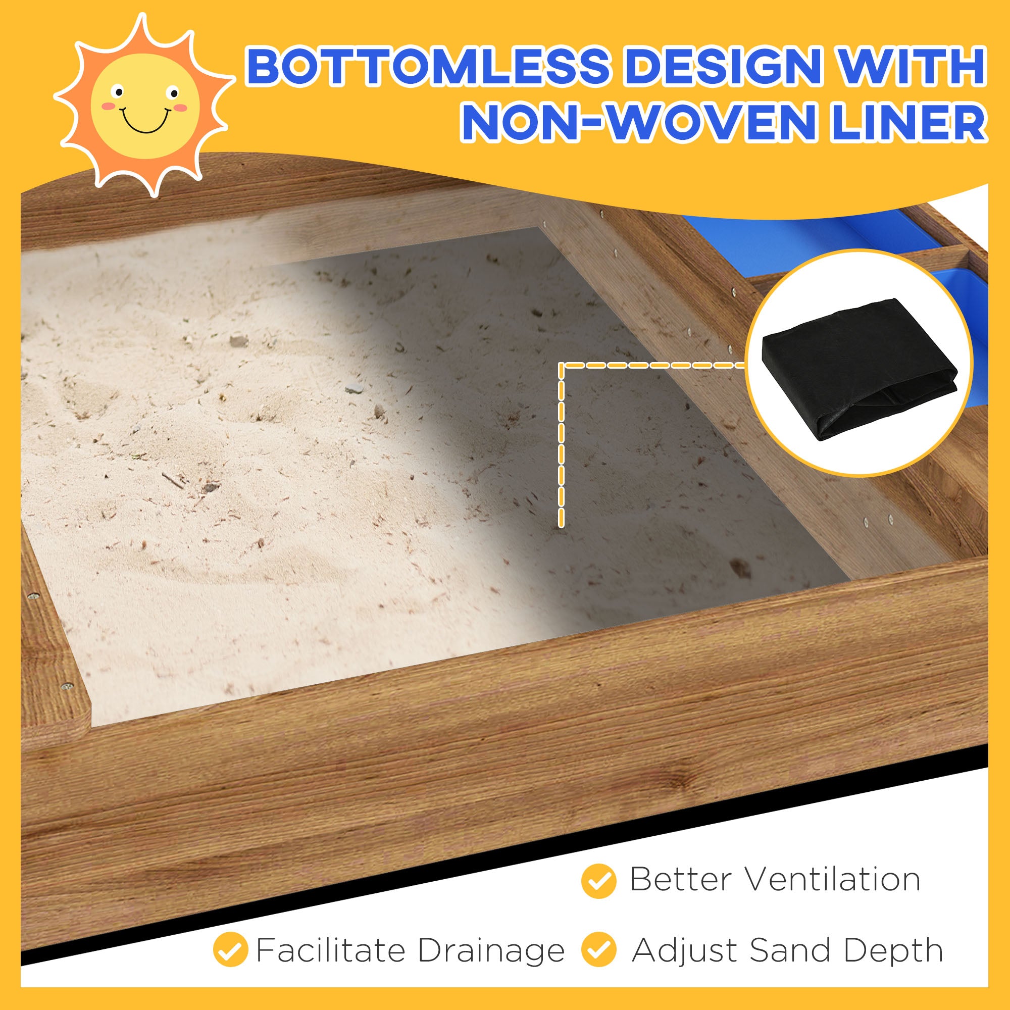 Wooden Sandbox with Canopy, House Design for 3-7 Years Old, Brown