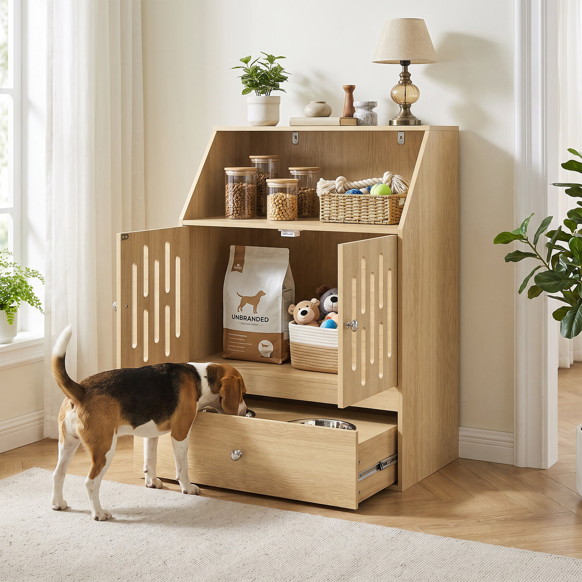 Dog Feeding Station, Pet Food Storage Cabinet with 2 Elevated Bowls & Slow-Feed Mat for Dogs & Cats