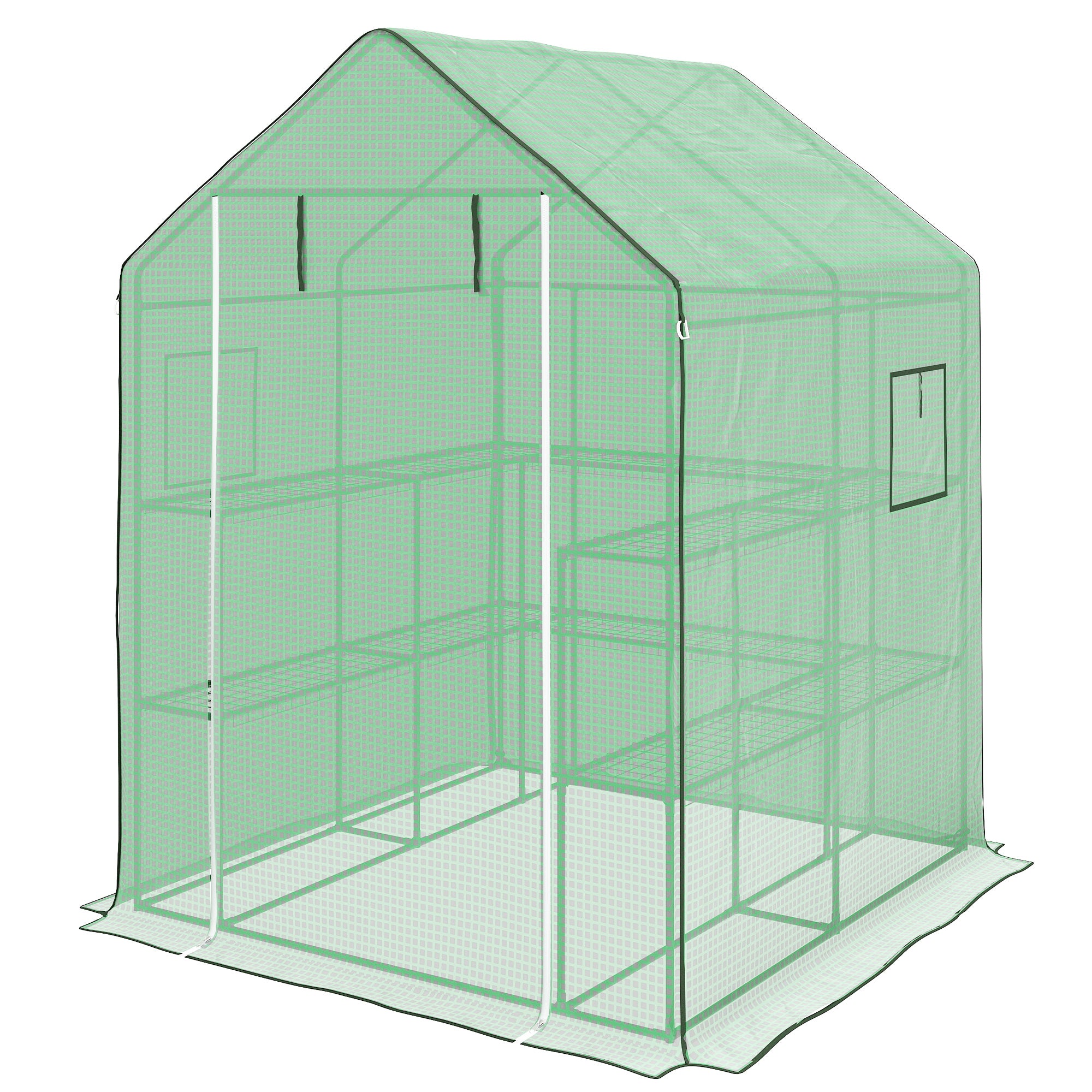 4.6' x 4.7' Portable Greenhouse, Water/UV Resistant Walk-In Small Outdoor Green House with 2 Tier U-Shaped Flower Rack Shelves, Roll Up Door & Windows, Green - Green