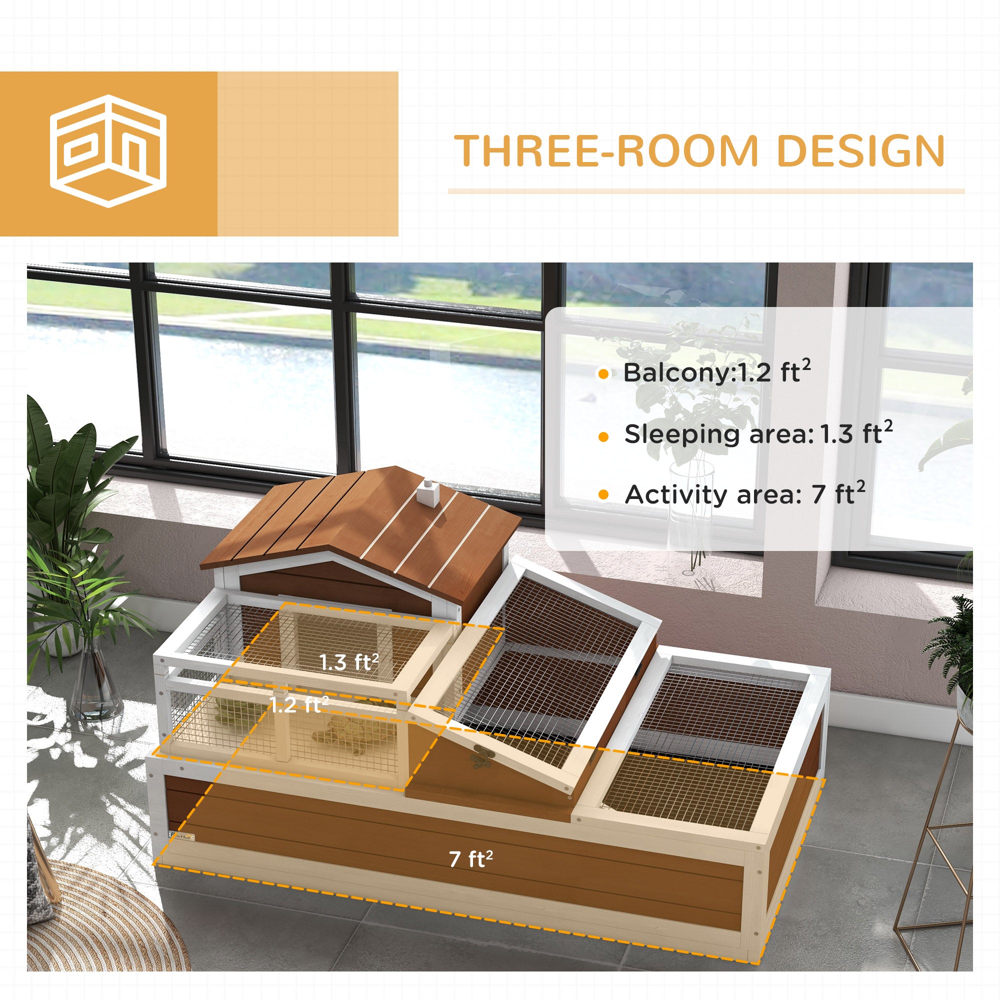 3-Room Tortoise Habitat House w/ Balcony & 2 Stories, 44" x 25.5" x 25", Coffee - Coffee - Image 4