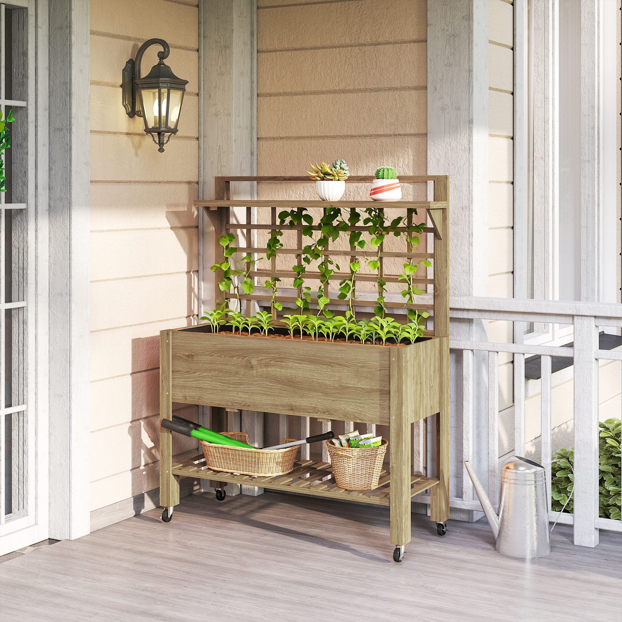 41" Raised Garden Bed Mobile Elevated Wooden Planter Box Stand with Wheels, Trellis and Storage Shelf, Dark Brown - Coffee - Image 2
