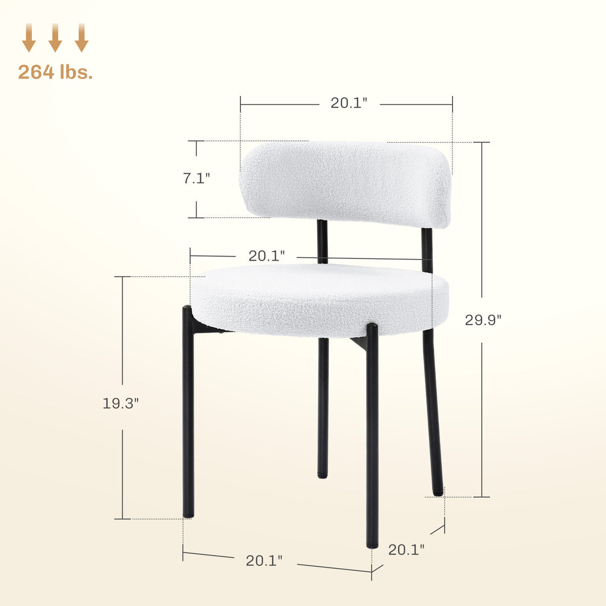 Round Modern Upholstered Kitchen Chairs, Boucle Dining Chairs Set of 4 with Curved Backrest and Thick Cushion, White