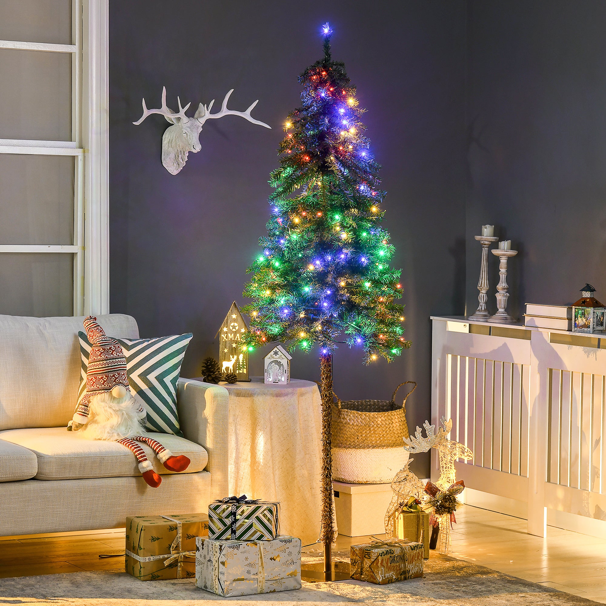 6' Artificial Christmas Trees, with Warm White or Colorful LED Lights, Pencil Shape, Steel Base