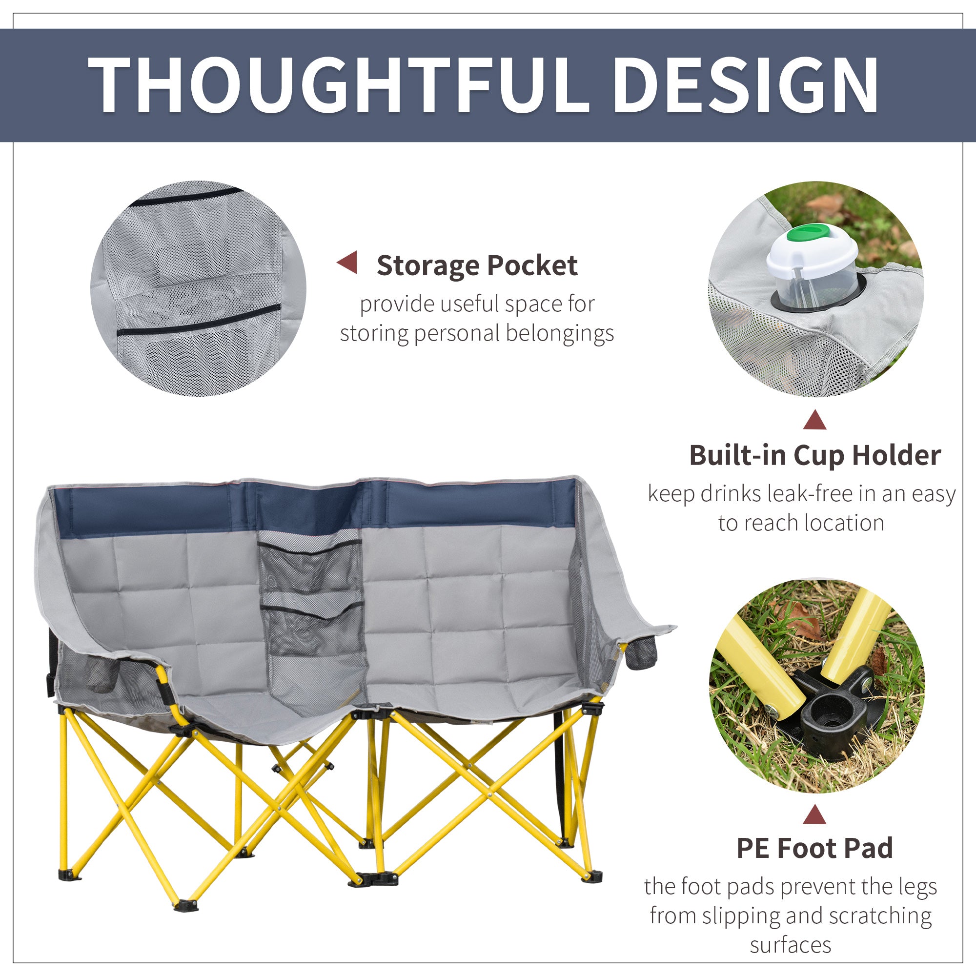 Loveseat Style Camping Chair, Oversized Folding Lawn Chair with Carry Bag & Cup Holders, for Outdoor, Beach, Picnic, Hiking, Travel, Navy Blue & Gray