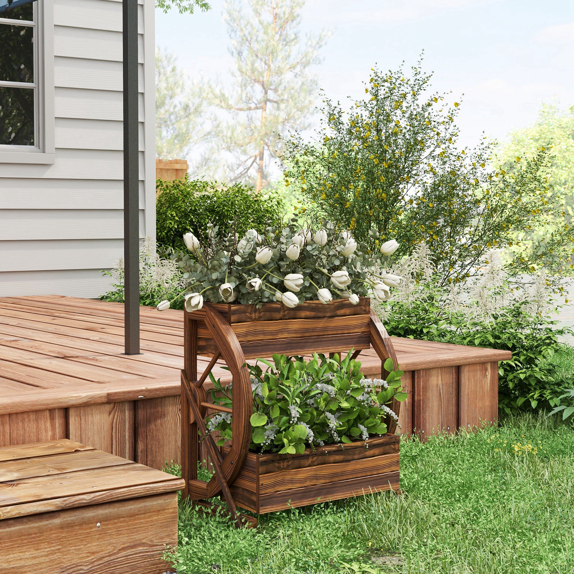 Wooden Wagon Planter Box, 2-Tier Raised Garden Bed, for Vegetables Flowers Herbs, 22" x 13" x 22" - Carbonized - Image 7