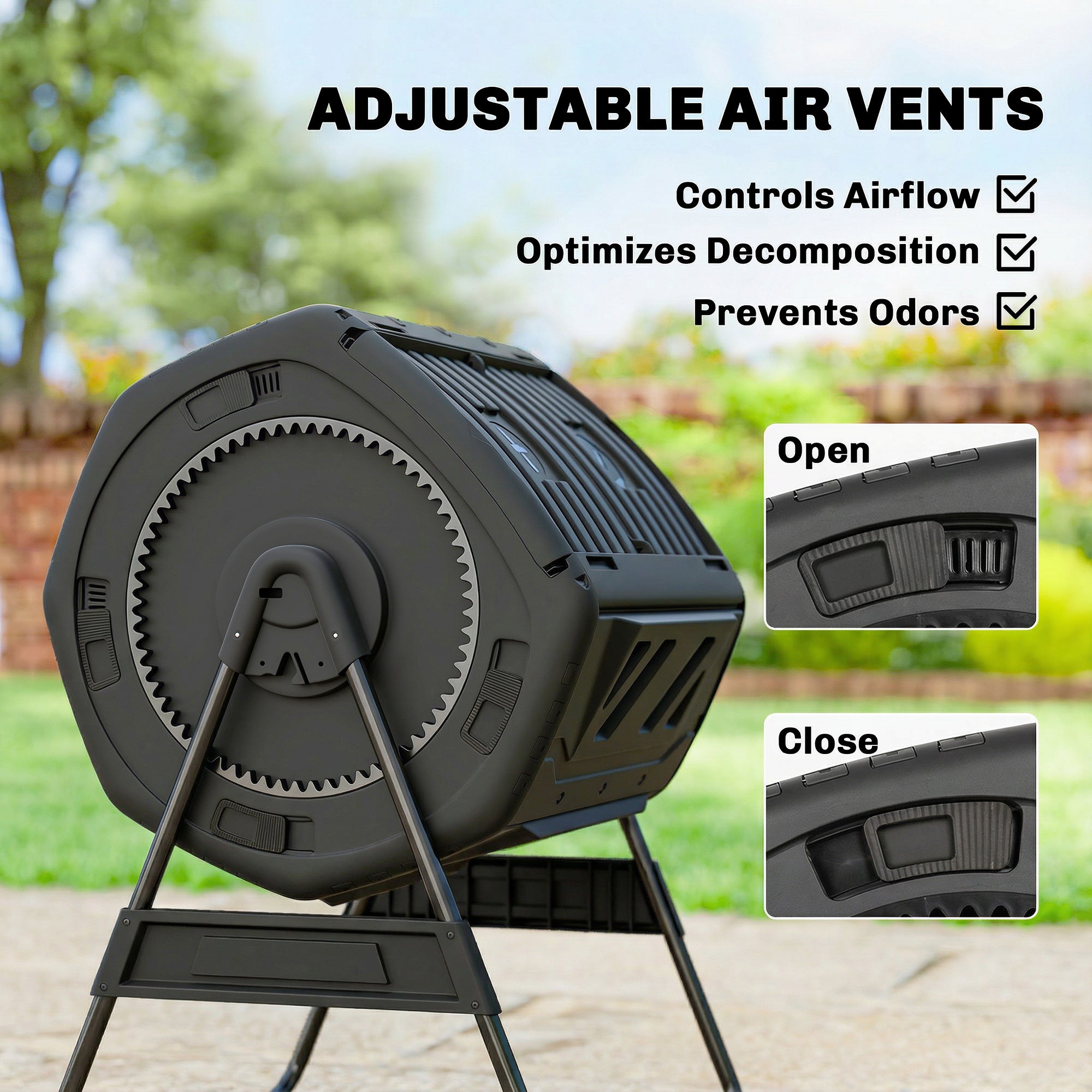 Compost Bin Outdoor, 53 Gal Dual Chamber Tumbling Composter with Adjustable Vents, BPA Free Tumbling Composter, Black - Black - Image 7