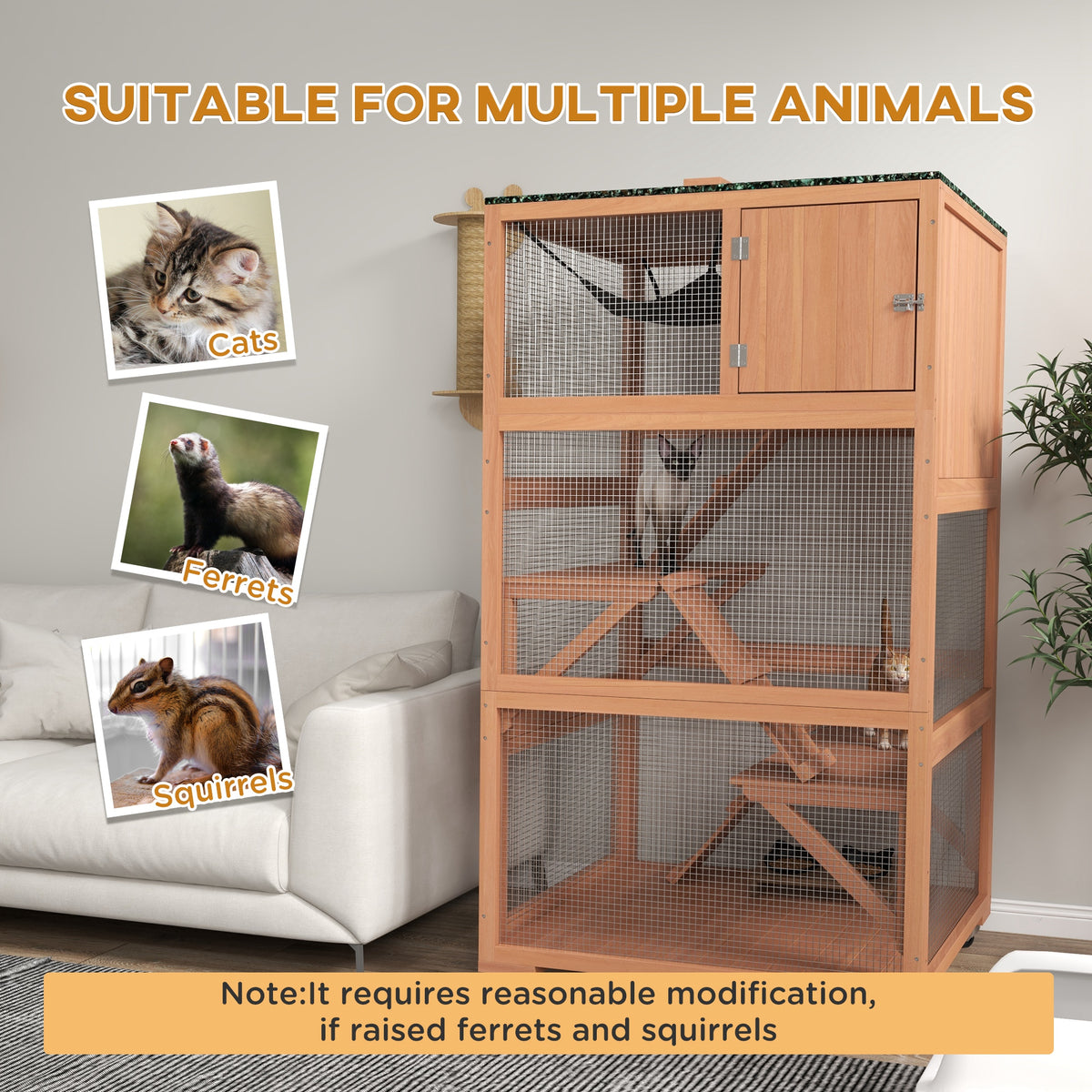 2 Piece Wooden Catio, Cat Enclosure House with Hammock, Wheels, Platforms Ramps, Weather Protection Asphalt Roof