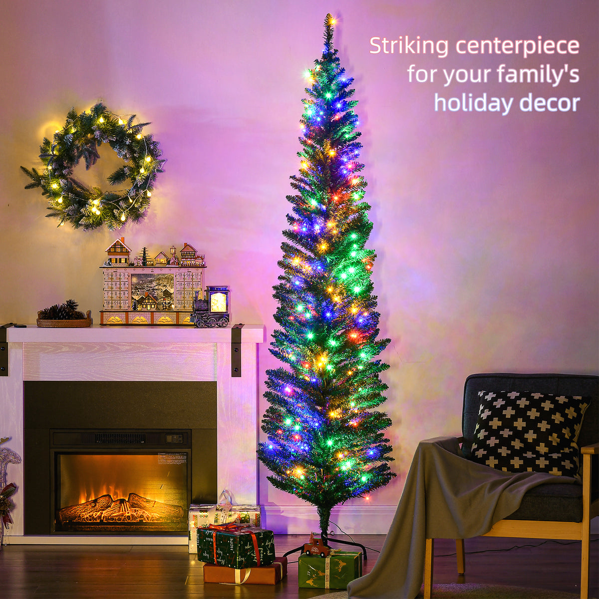 7' Artificial Pencil Christmas Trees Holiday Decoration with Colorful LED Lights, Steel Base, Skinny Shape