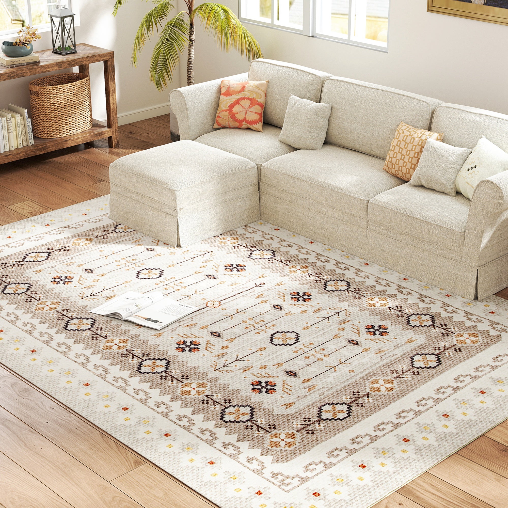 Machine Washable Area Rug 8x10, Non-Slip Boho Flannel Print Floor Carpet for Living Room, Bedroom, Dining Room, Brown