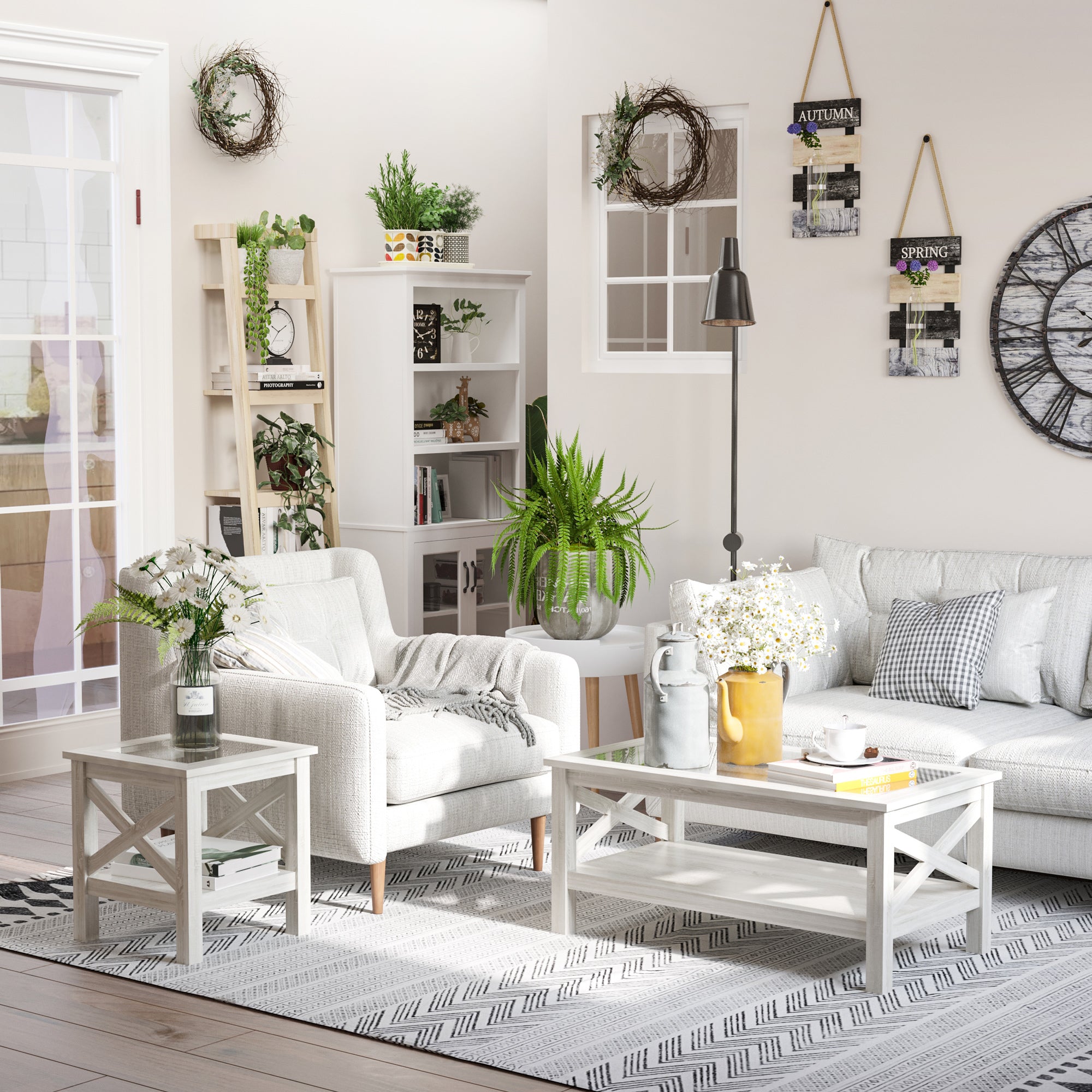 Coffee Table with Tempered Glass Tabletop, Living Room Table with Wood Frame and Underneath Storage Shelf, White Oak