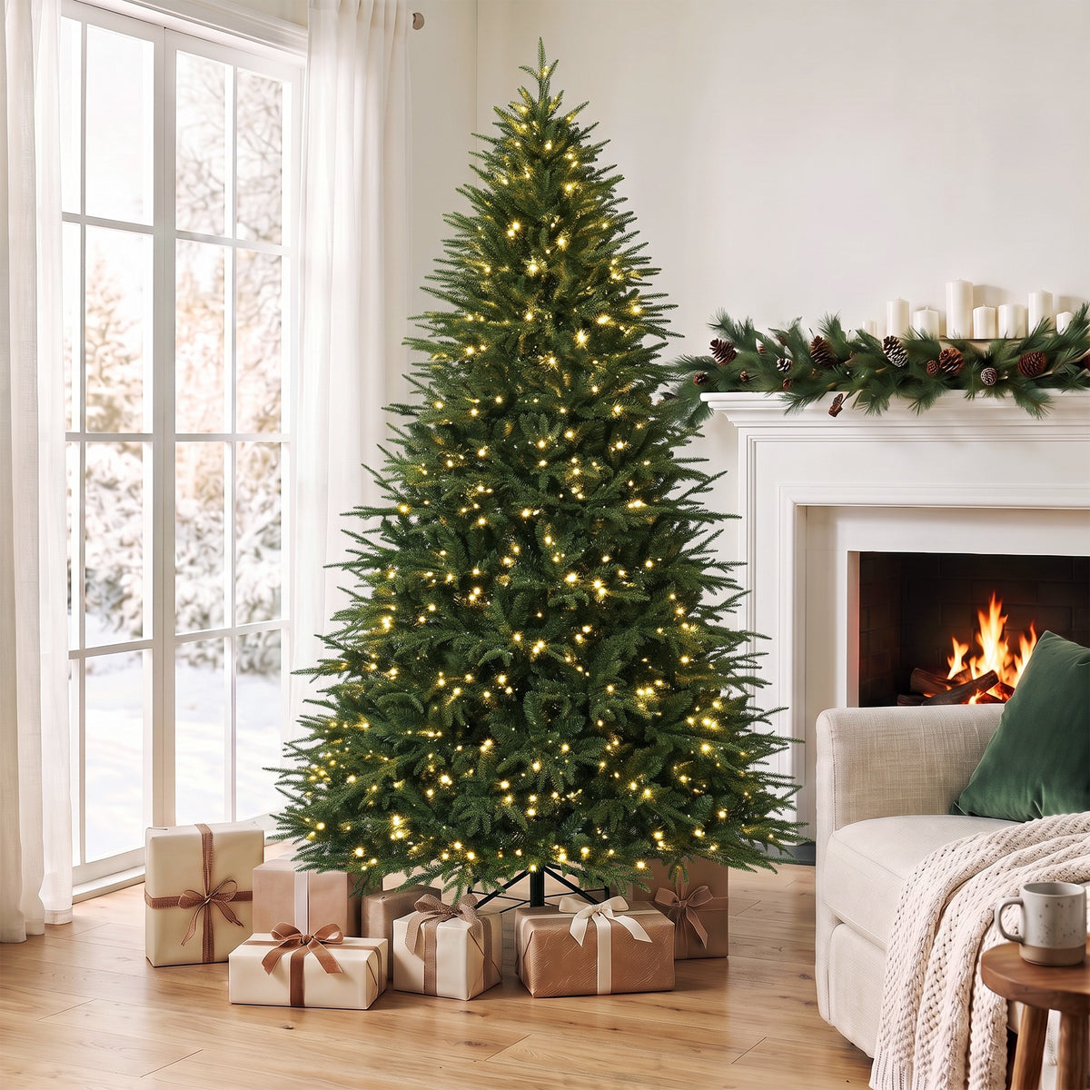 7.5ft Pre-lit Classic Artificial Christmas Tree with 3,719 Branch Tips 1000 Warm White LED Lights, Green