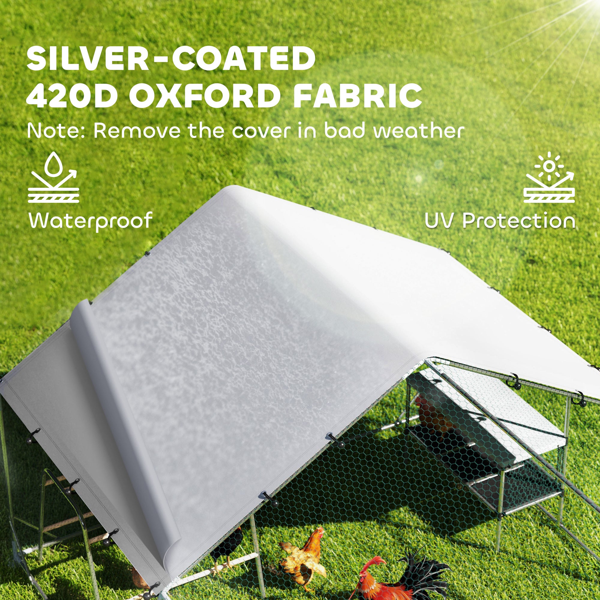 Large Metal Chicken Coop with Waterproof Cover, Roosting Bar, Nesting Box, 9.8' x 19.7' x 6.4' - Silver - Image 8