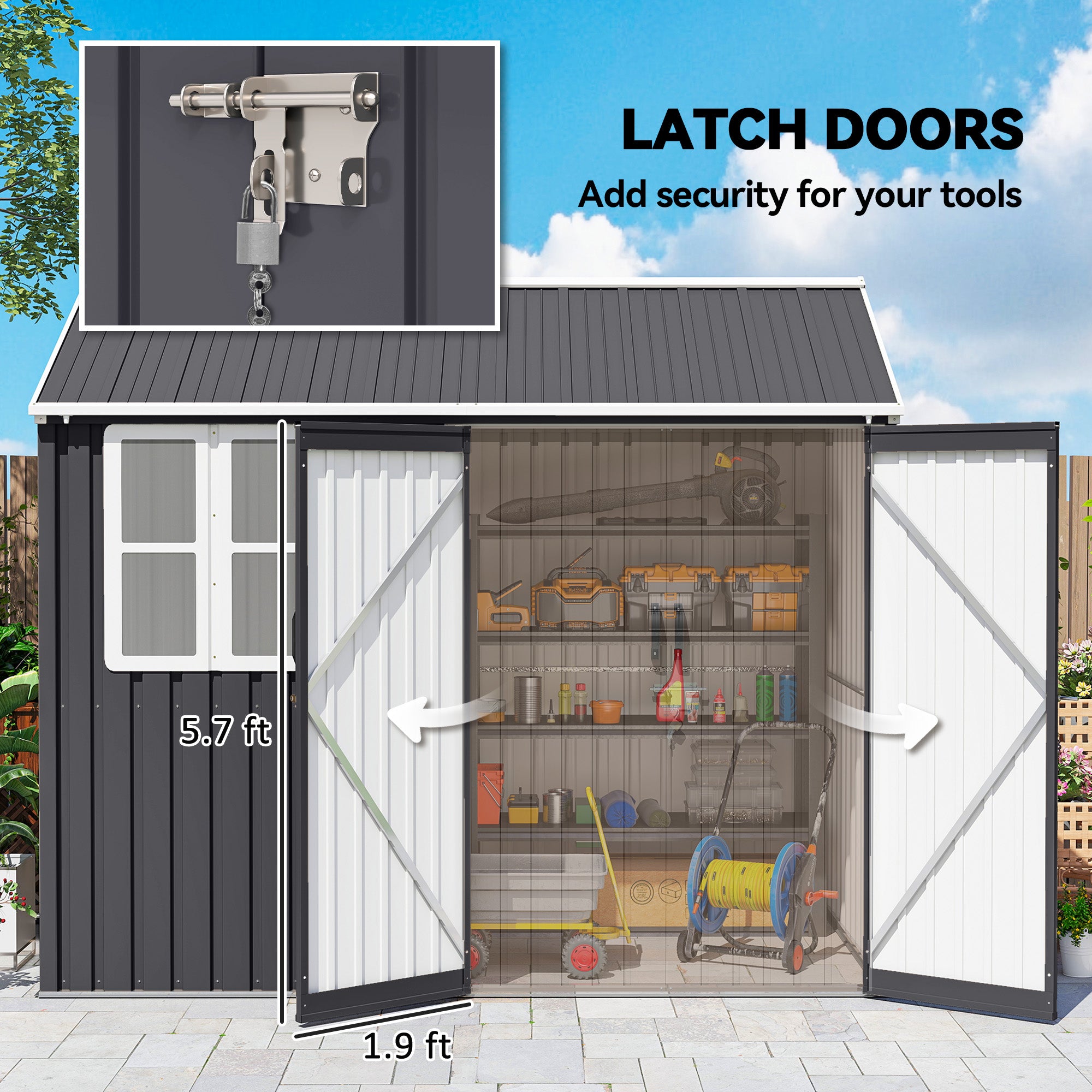 8' x 6' Metal Garden Storage Shed, Extra Large Outdoor Tool Storage House w/ Doors, Window and Air Vents, Dark Gray - Dark Gray - Image 7