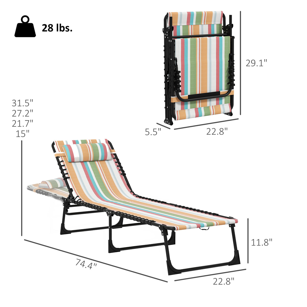 2 Folding Chaise Lounge Pool Chairs with 4-Position Reclining Back, Pillow, Breathable Mesh & Bungee Seat, Striped