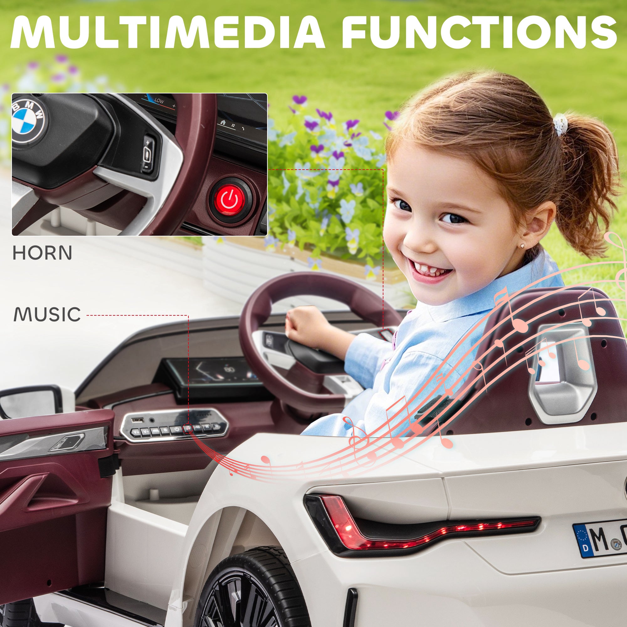12V Electric Car for Kids with 2.4G Remote Control, Suspension, White