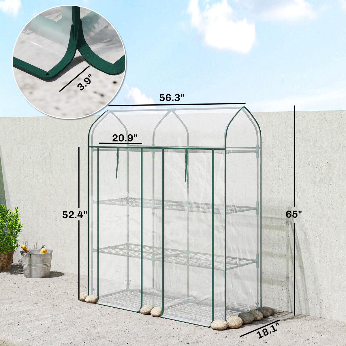 3 Tier Mini Greenhouse, Small Portable Greenhouse with 2 Roll-up Doors, 56.3" x 18.1" x 65", Clear