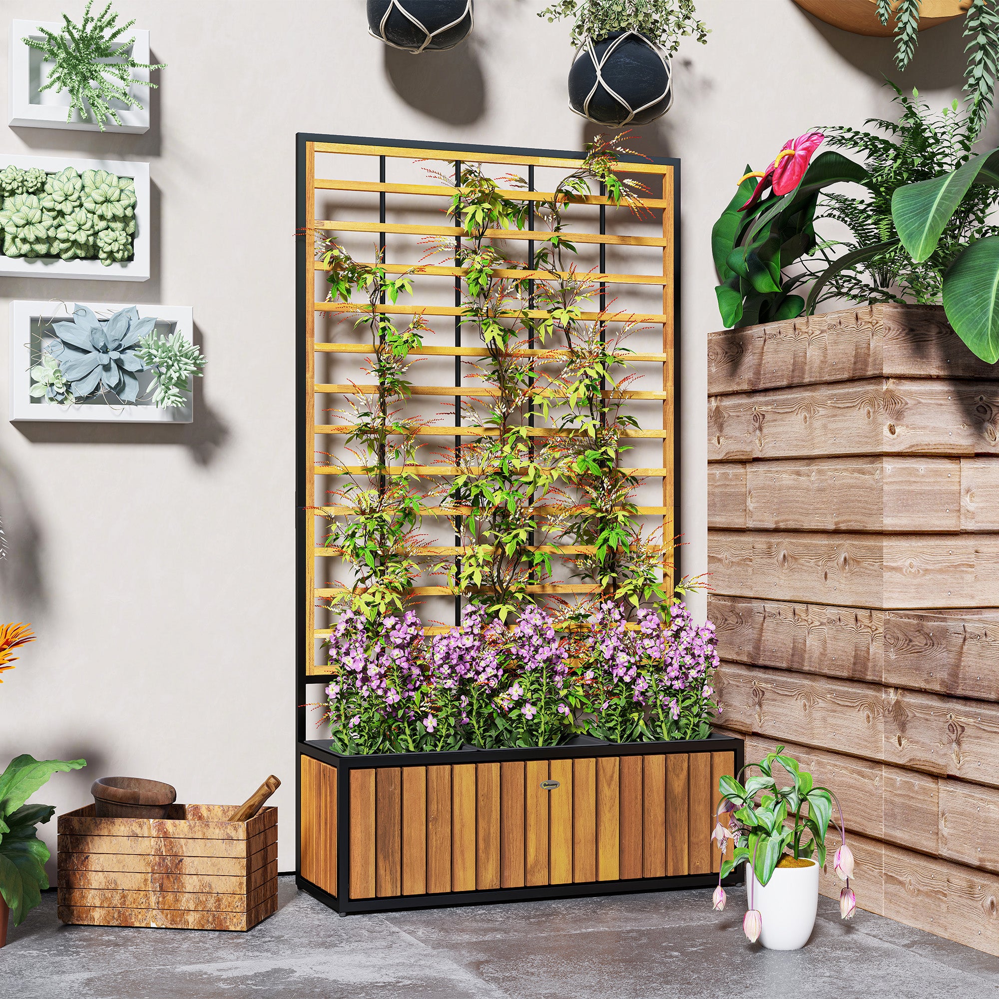 Wooden Raised Garden Bed with Trellis, Removable Pots for Backyard, Patio, Balcony, 29" x 11" x 52", Teak - Teak - Image 7