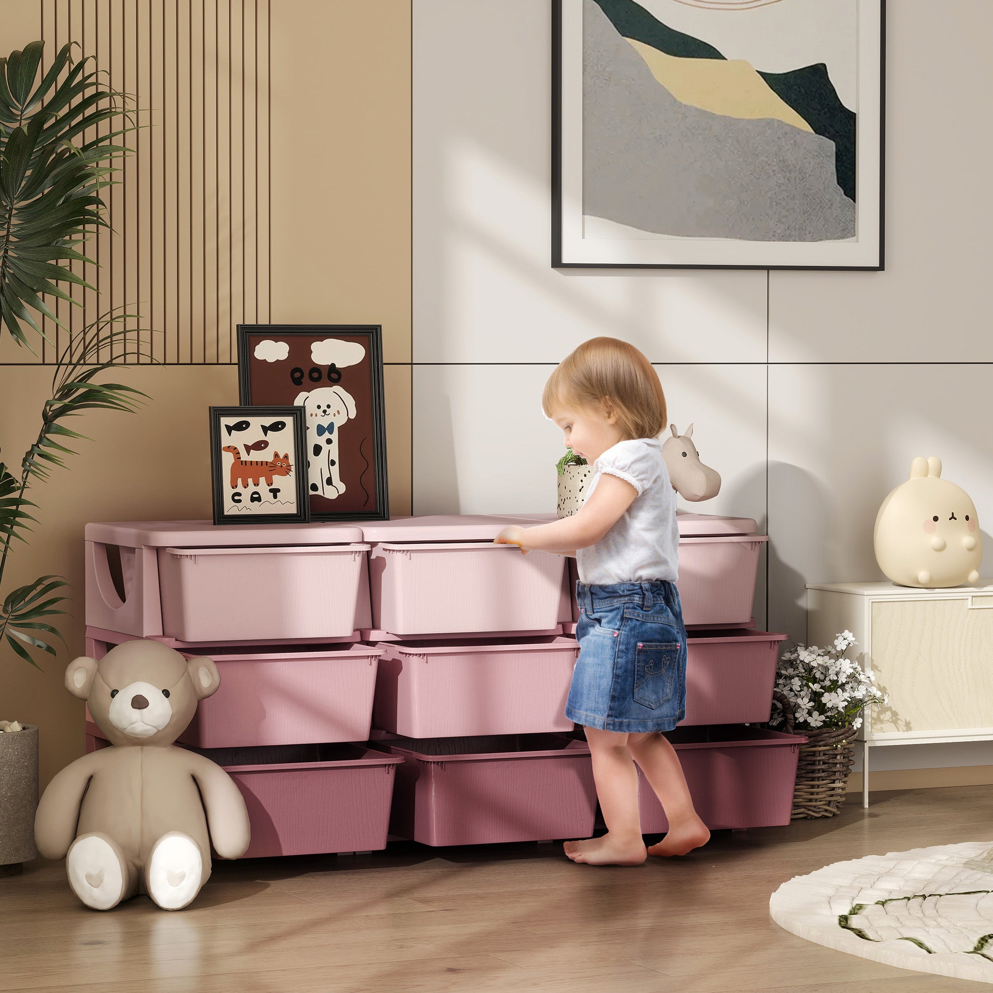 29.5" 3 Tier Kids Storage Unit Dresser Tower w/ 9 Drawers, Pink