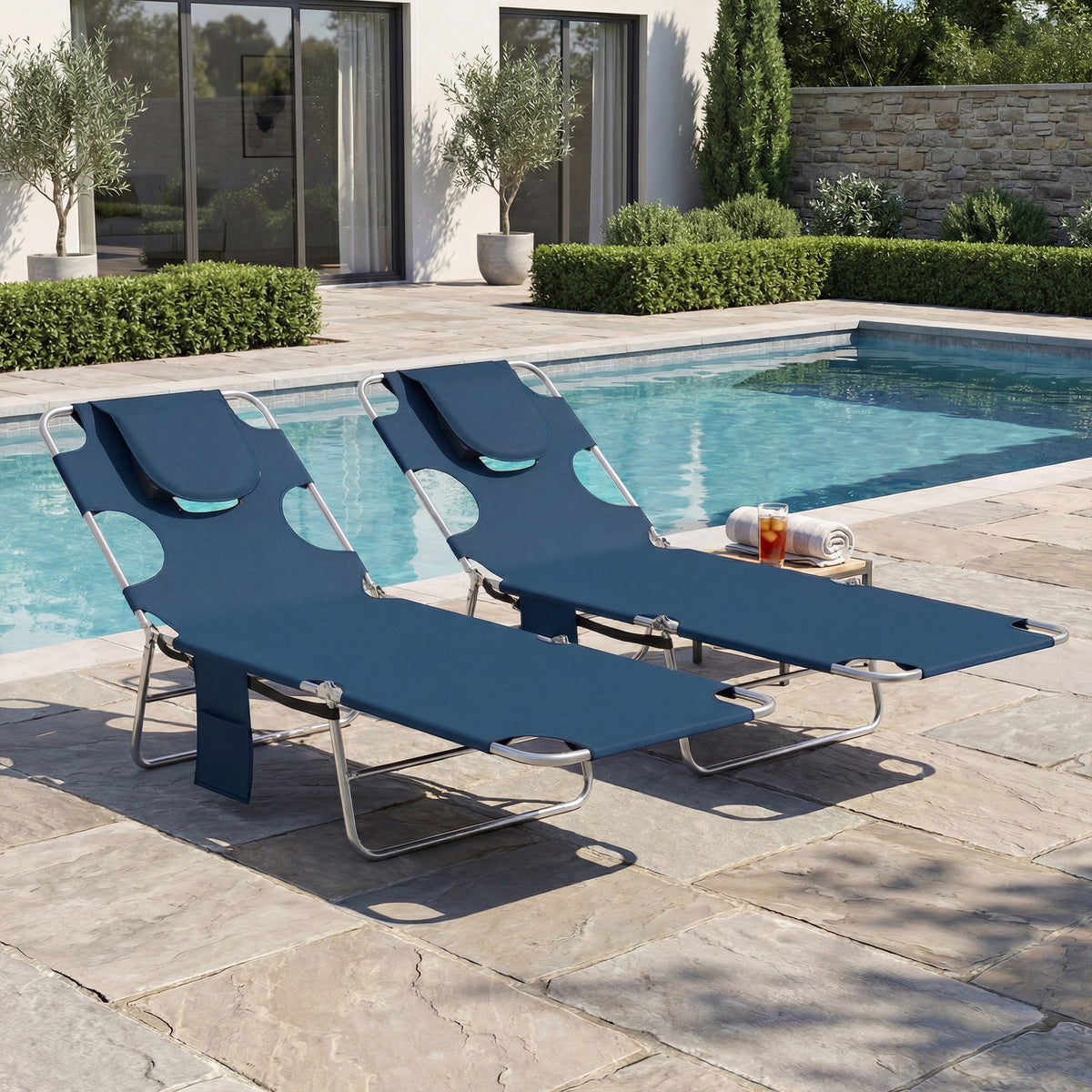 2 Tanning Chairs with Face Hole, 5-Level Adjustable Outdoor Chaise Lounge Chair with Pillow for Beach, Pool, Dark Blue