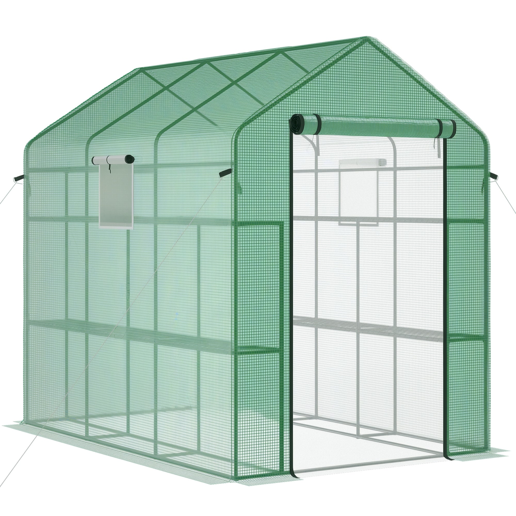 7' x 5' x 6' Walk-in Greenhouse for Outdoors with Mesh Door and Windows, 18 Shelf Hot House with Trellis, Plant Labels, UV Protective for Growing Flowers, Herbs, Vegetables, Saplings, Green - Green