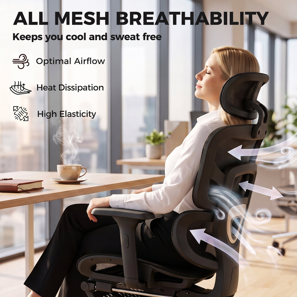 Ergonomic Office Chair with Lumbar Support, 2D Headrest, Mesh Reclining Desk Chair with Footrest, Swivel Wheels, Black