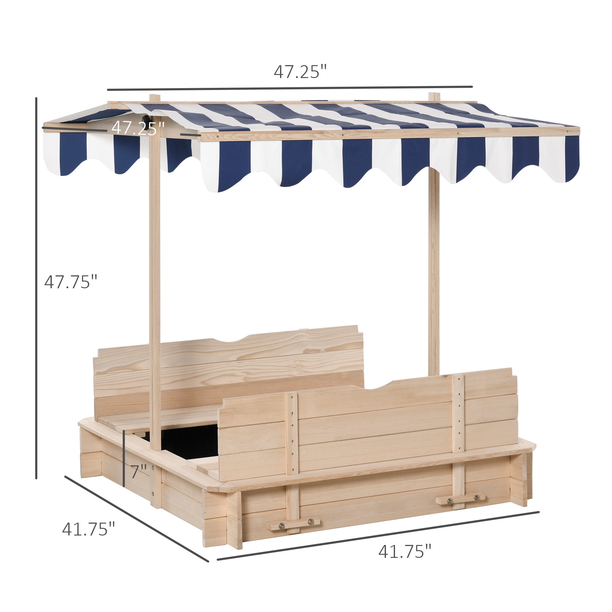 Covered Sandbox, Wooden,with Cover Adjustable Canopy, Detachable Seats and Backrests, Kids Sandbox with Convertible Bench Seat, Bottom Liner, Natural Blue