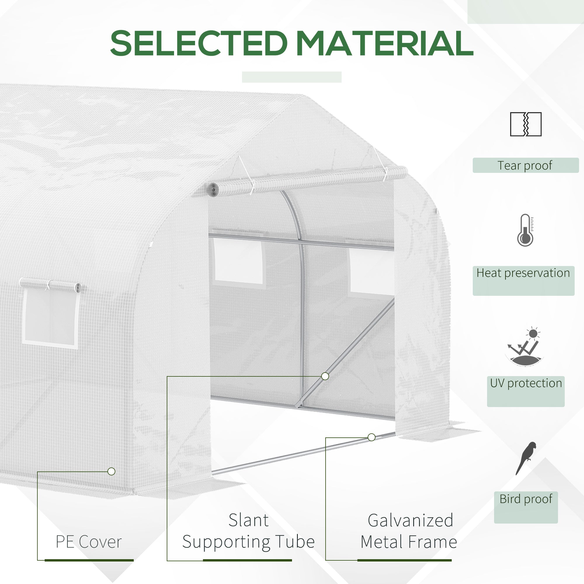 11.5' x 10' x 6.5' Outdoor Walk-in Greenhouse, Tunnel Green House with Roll-up Windows, Zippered Door, PE Cover, Heavy Duty Steel Frame, White - White - Image 4