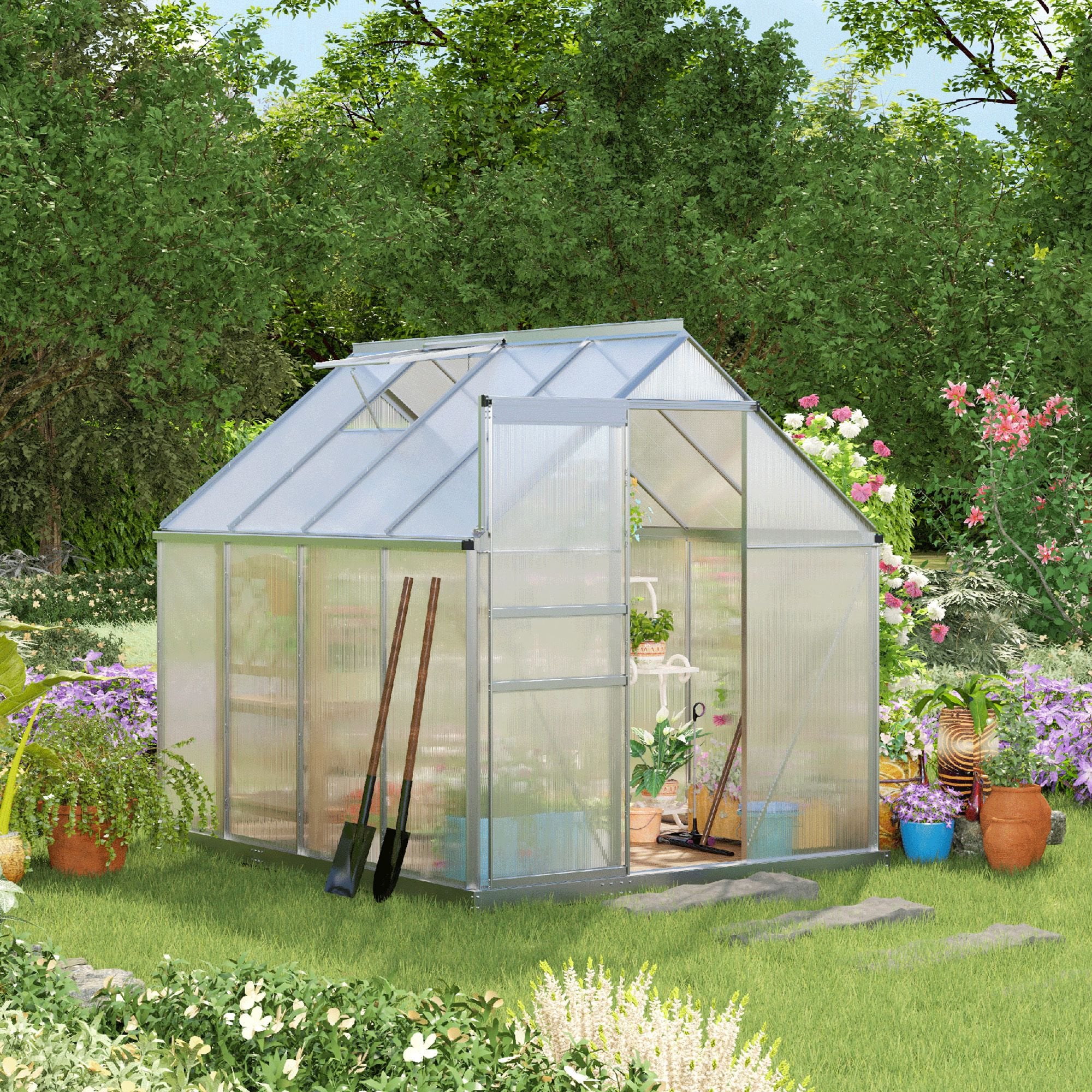 8' x 6' Aluminum Outdoor Greenhouse, Polycarbonate Walk-in Garden Greenhouse Kit with Adjustable Roof Vent, Rain Gutter and Sliding Door for Winter, Silver - Silver - Image 2