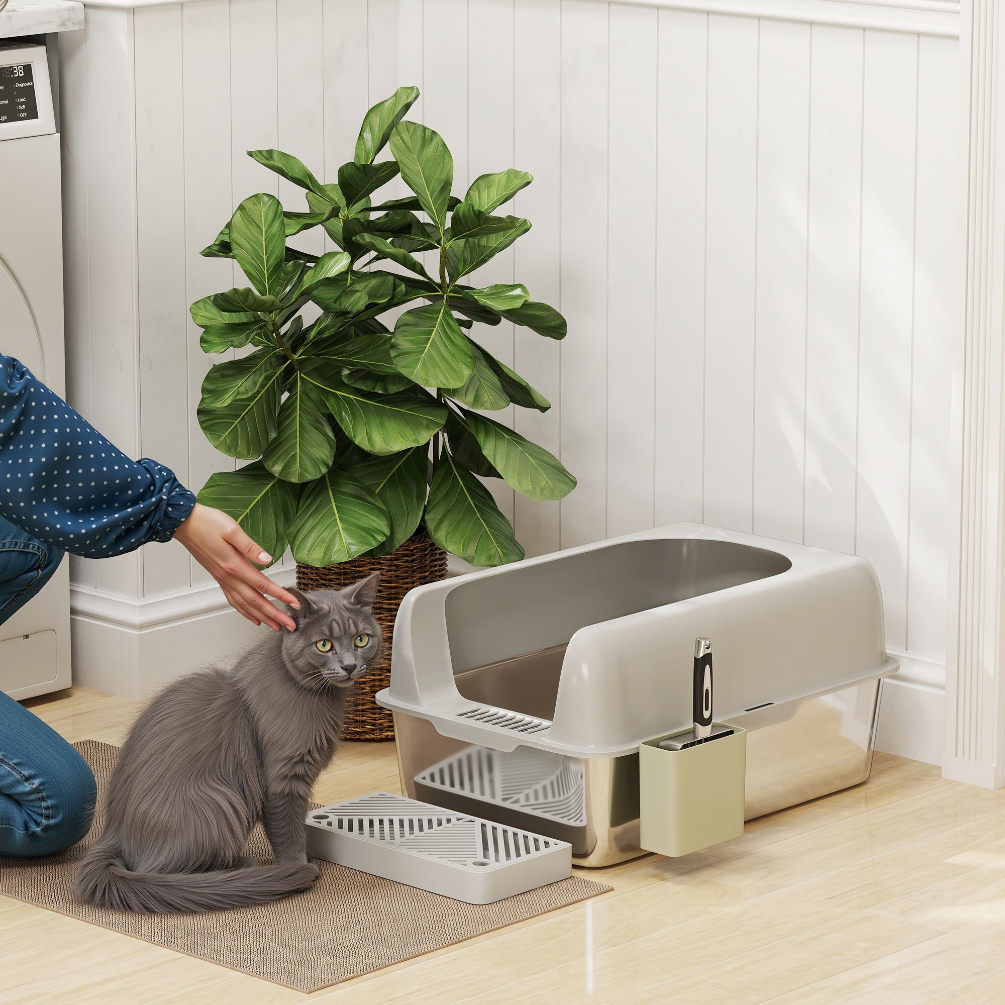 High Sided Stainless Steel Litter Box with Metal Scoop & Scoop Holder, for Easy Clean& Anti-Urine Leakage, Light Gray - Light Gray - Image 2