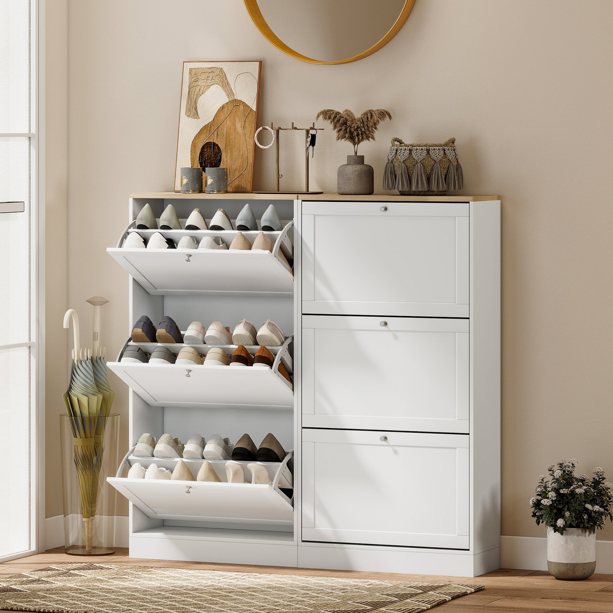 Modern Shoe Storage Cabinet with 3 Flip Drawers and Adjustable Shelves for 12-18 Pairs of Shoes, White