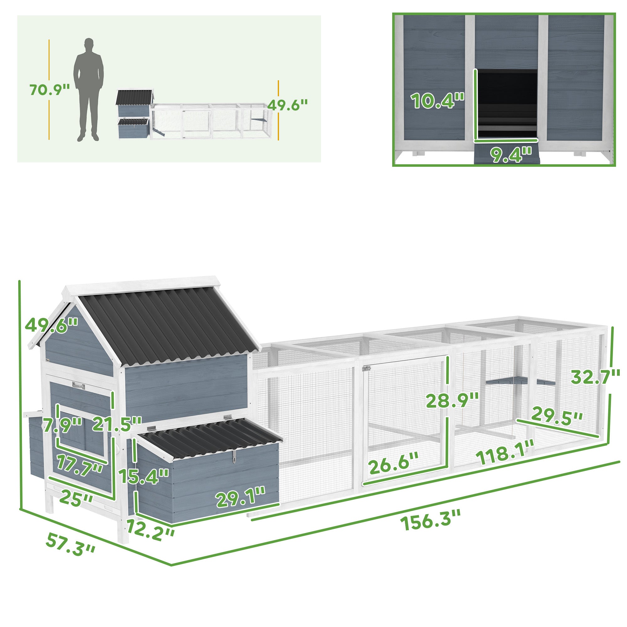 156" Extra Large Wooden Chicken Coop with 2 Nesting Box, Run Cage, Waterproof Wave Roof, for 10-15 Chickens, Light Gray - Light Gray - Image 3