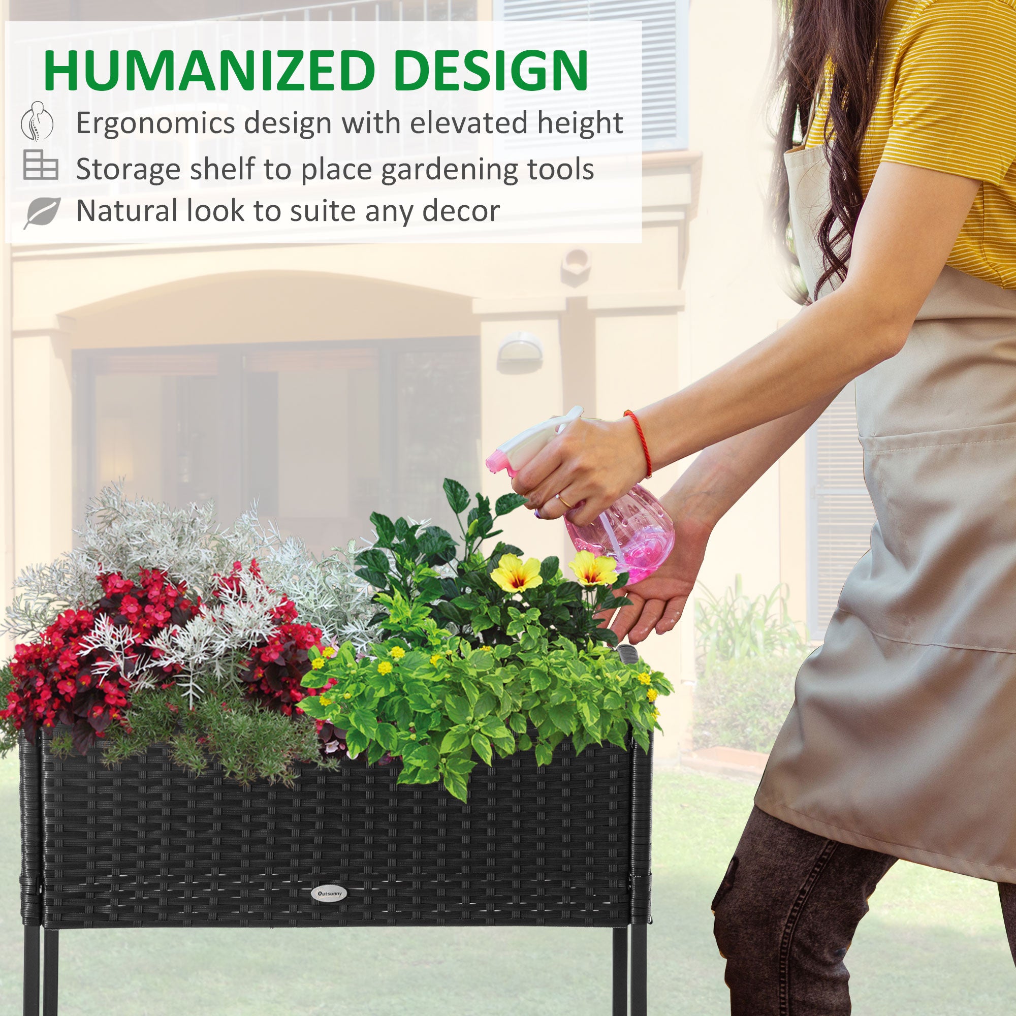 PE Rattan Wicker Raised Flower & Vegetable Planter, Rack Shelf Box - Black - Image 6