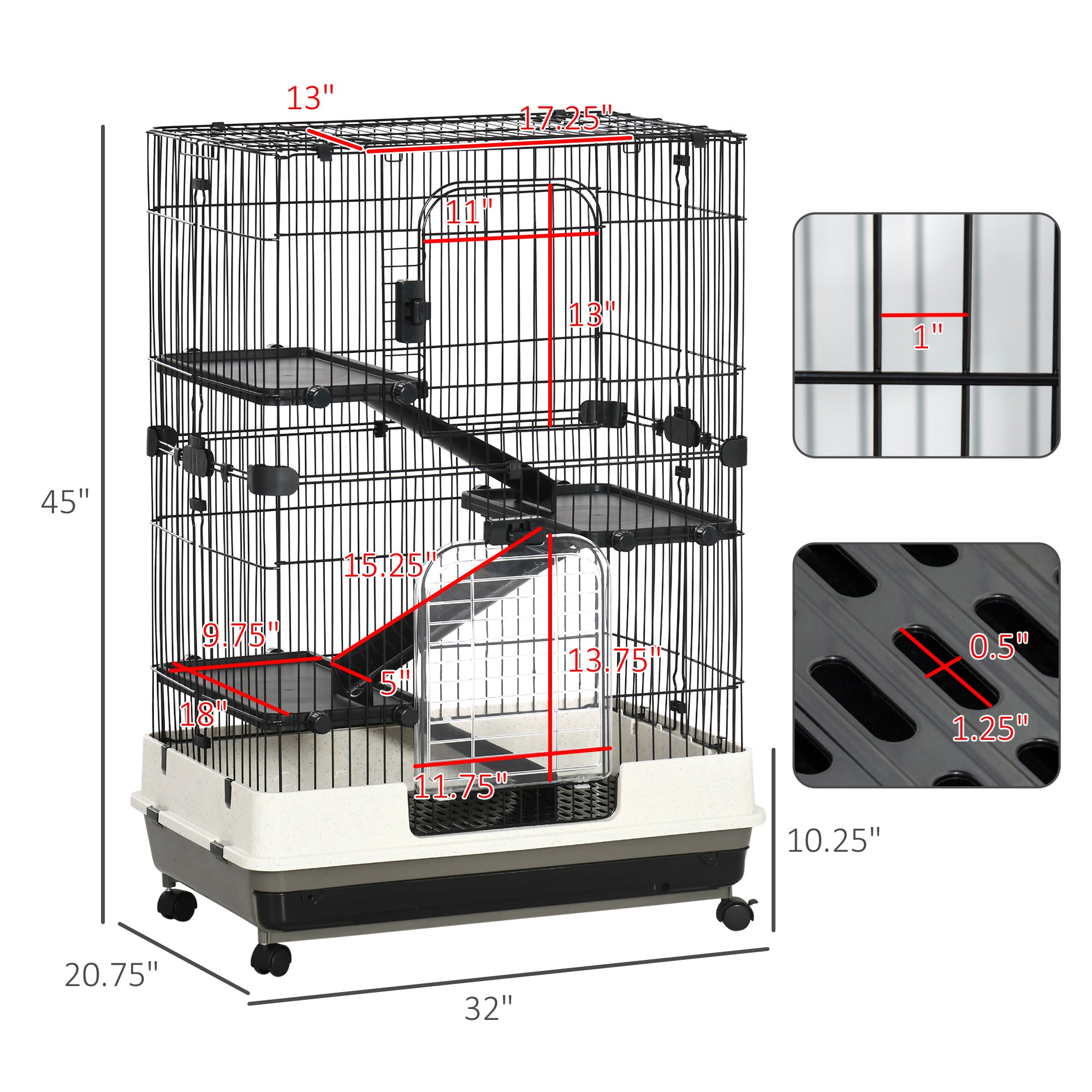 32"L 4-Level Small Animal Cage Rabbit Hutch with Universal Lockable Wheels, Slide-out Tray for Bunny, Chinchillas, Ferret, Black - Black - Image 3