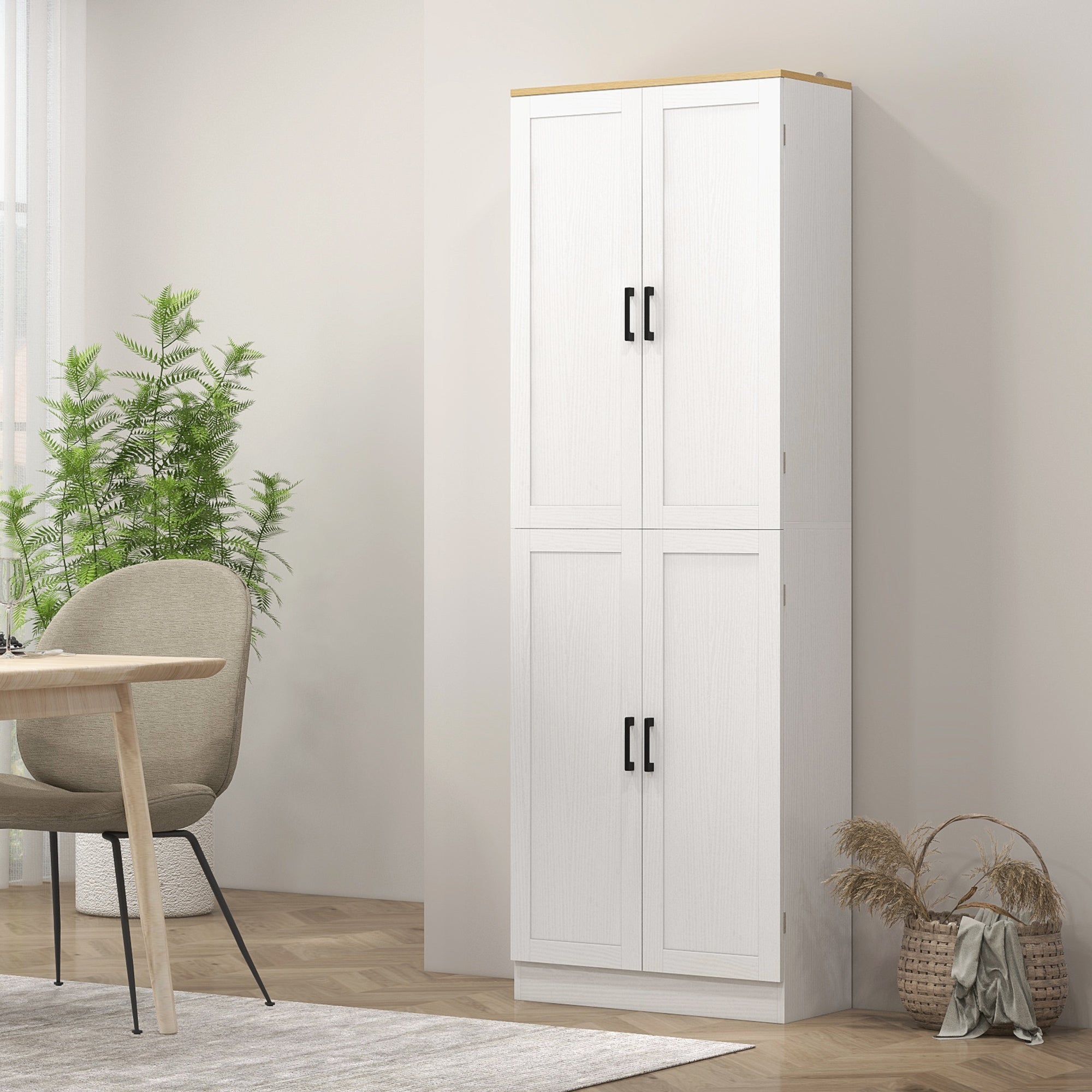 Freestanding Kitchen Pantry, 4-Door Kitchen Pantry Cabinet with Adjustable Shelves and Doors, Distressed White