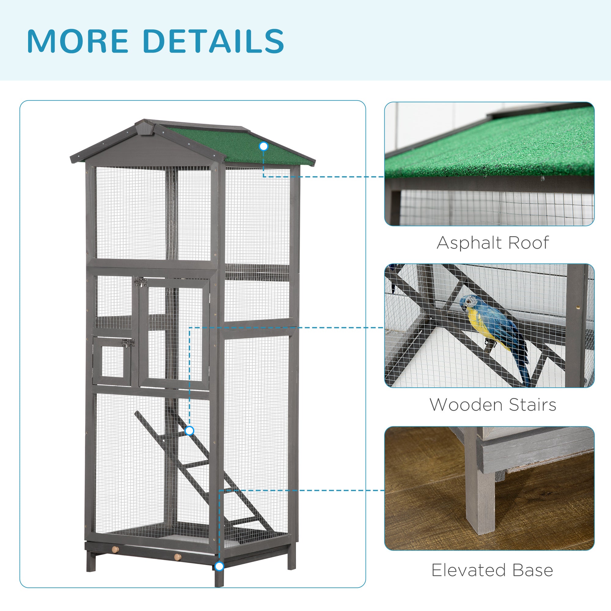 65" Wooden Bird Cage Outdoor Aviary House for Parrot, Parakeet, with Pull Out Tray and 2 Doors, Grey - Light Grey - Image 7